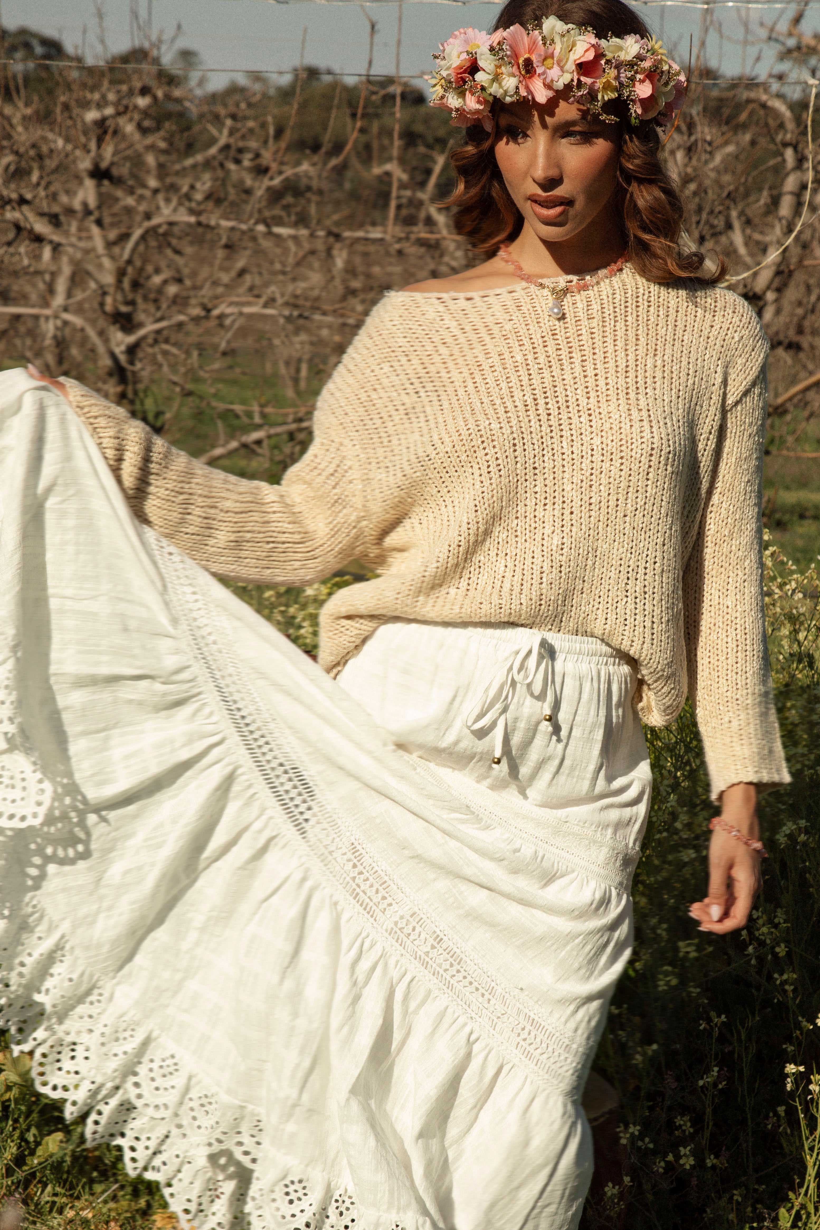 Remy Slouch Knit Oat worn with Marigold Maxi Skirt in White