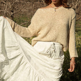 Remy Slouch Knit Oat worn with Marigold Maxi Skirt in White