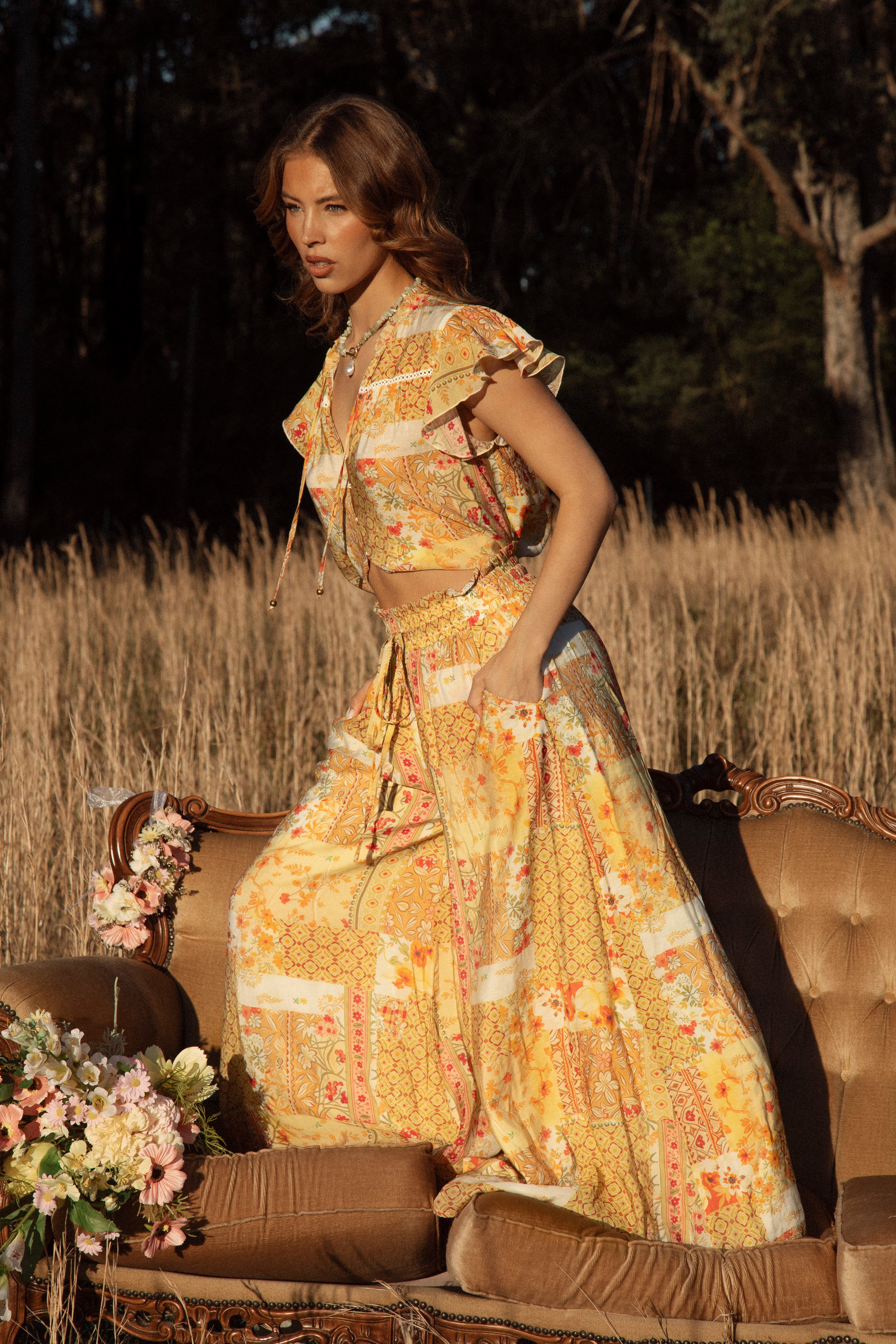 Resort Pant Fields of Gold - wide leg pant with vintage inspired floral print in golden shades.