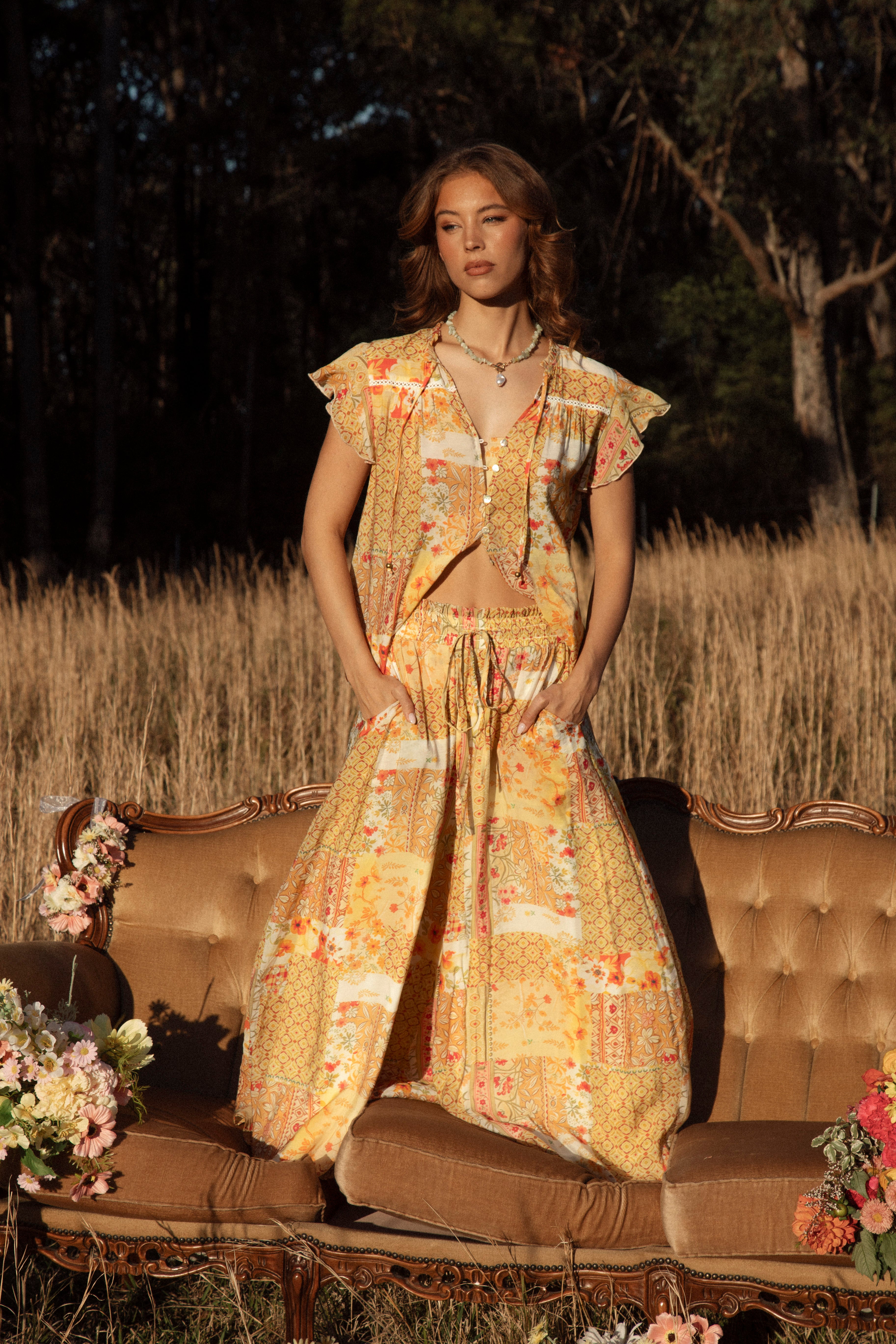 Resort Pant Fields of Gold - showcasing elasticised drawstring waist and wide-leg style
