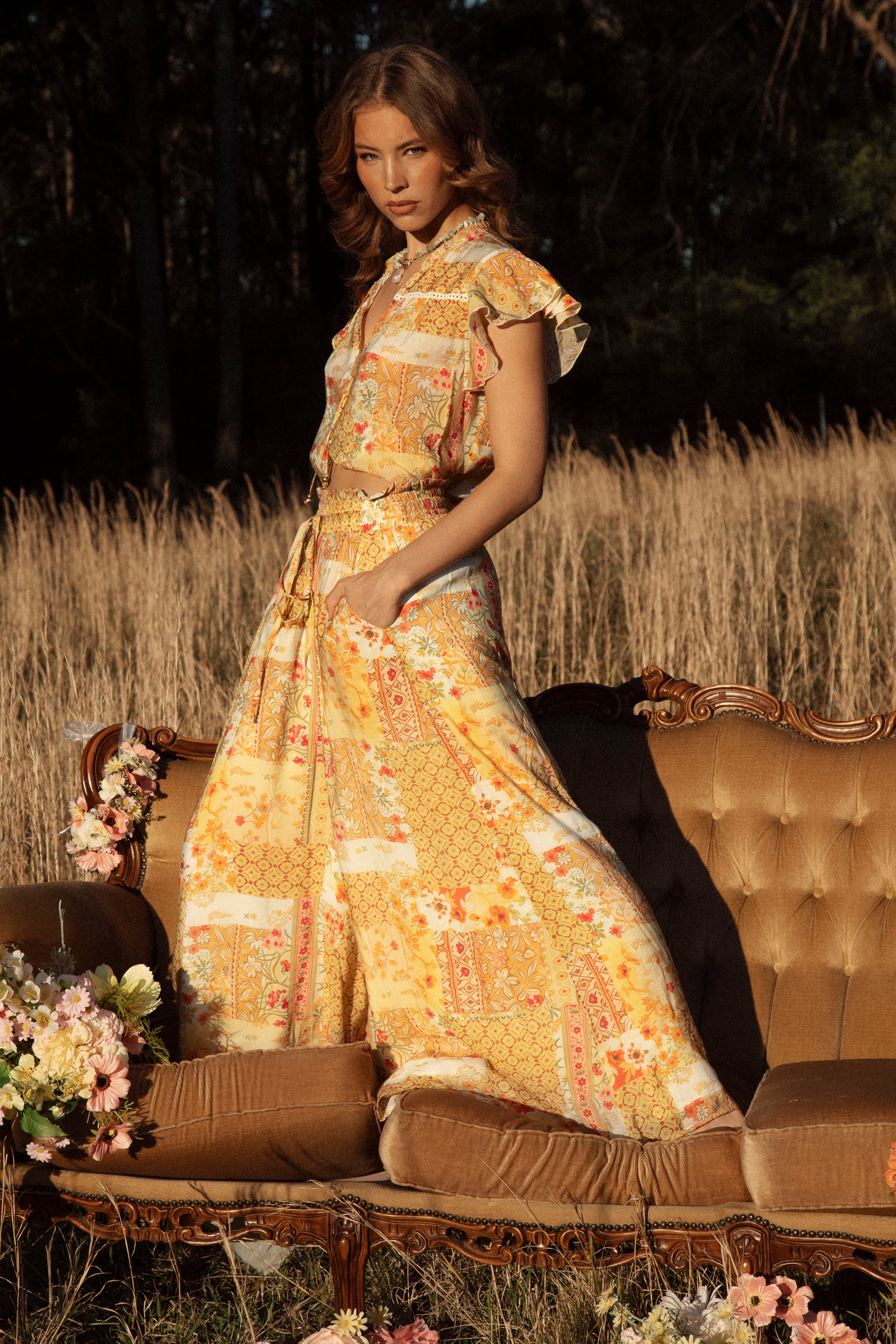 Resort Pant Fields of Gold - showcasing pockets, elasticised waist and wide leg style