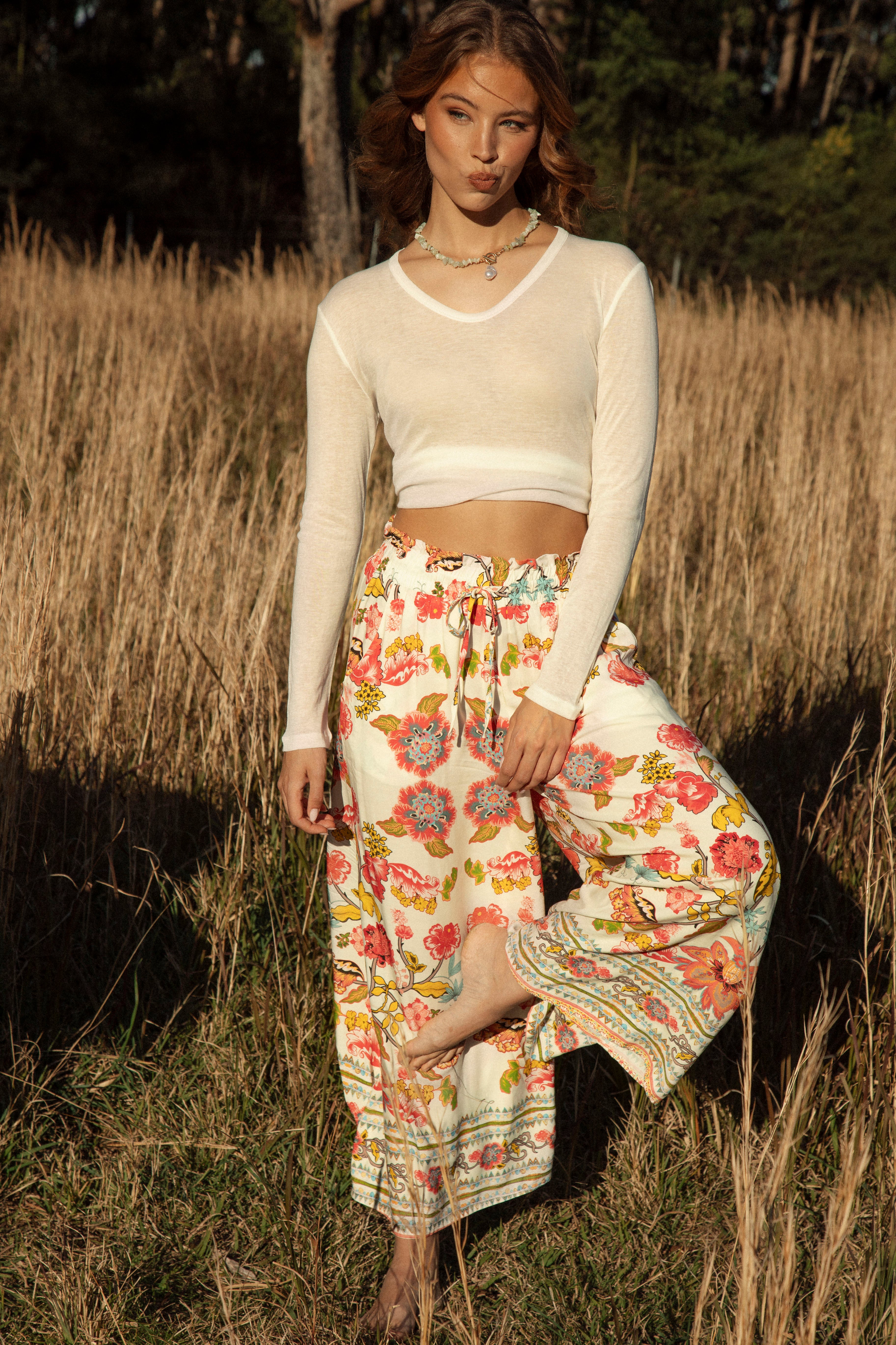 Resort Pant Golden Bloom - palazzo style pant featuring boho floral pattern