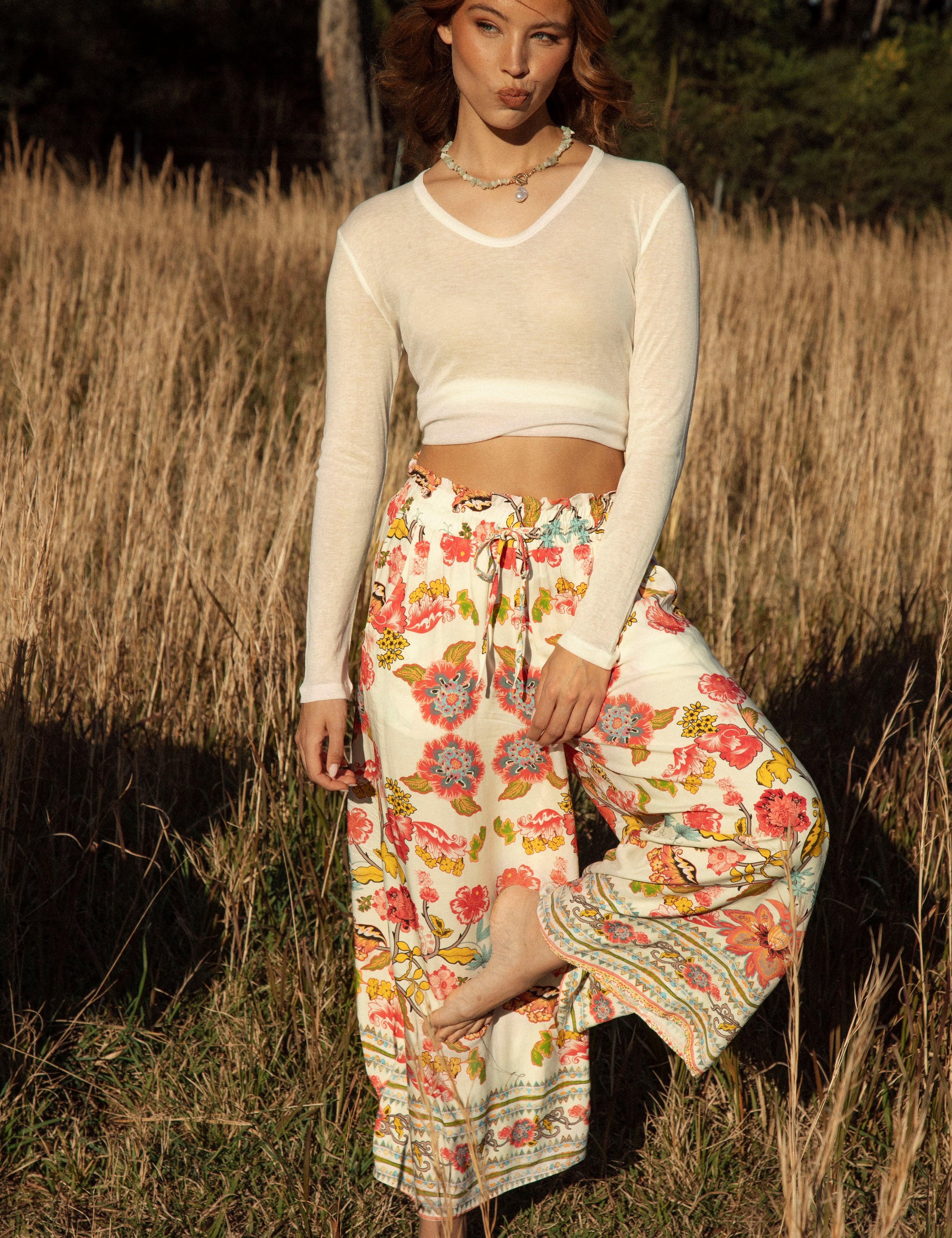 Resort Pant Golden Bloom - palazzo style pant featuring boho floral pattern