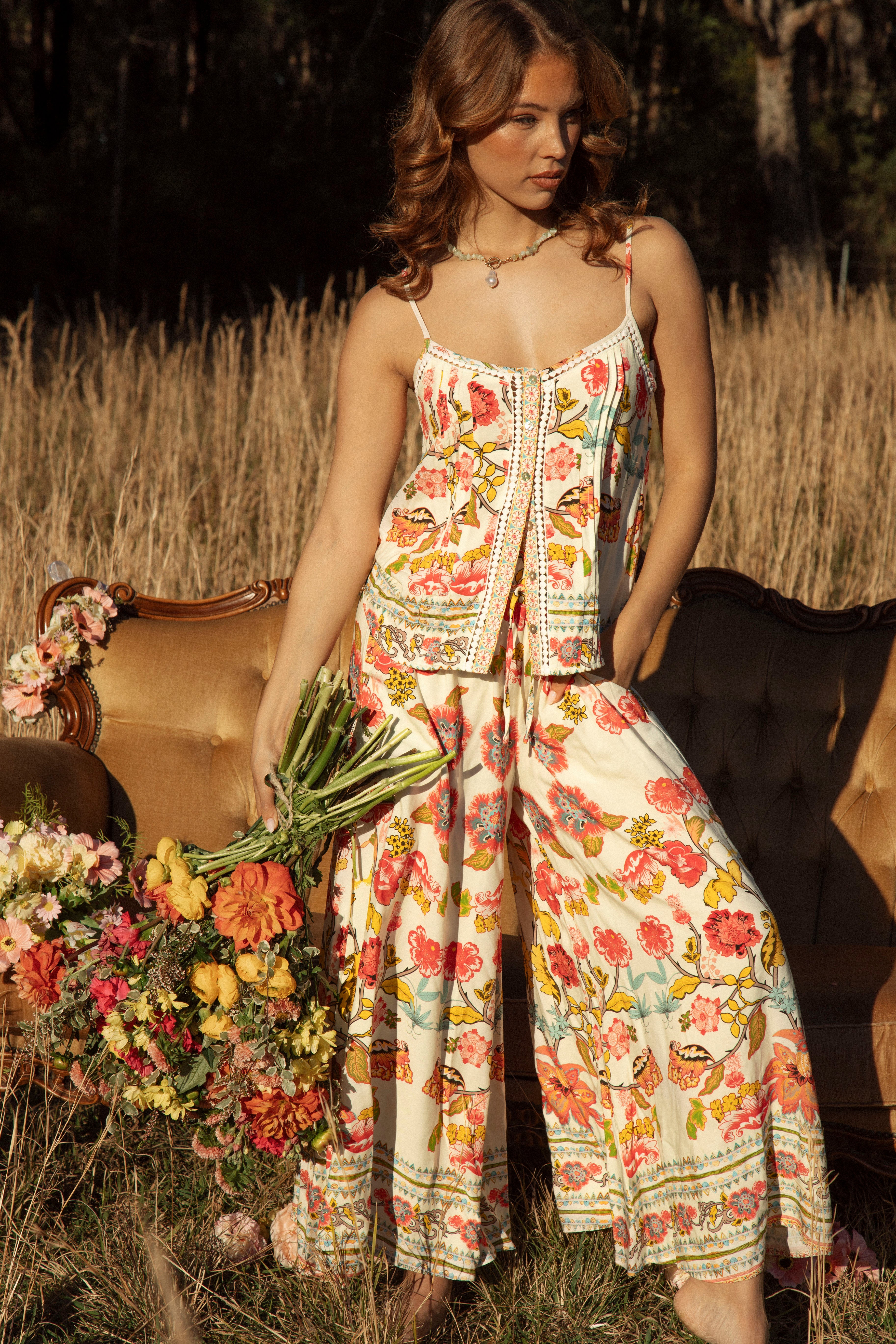 Resort Pant Golden Bloom styled with matching boho cami