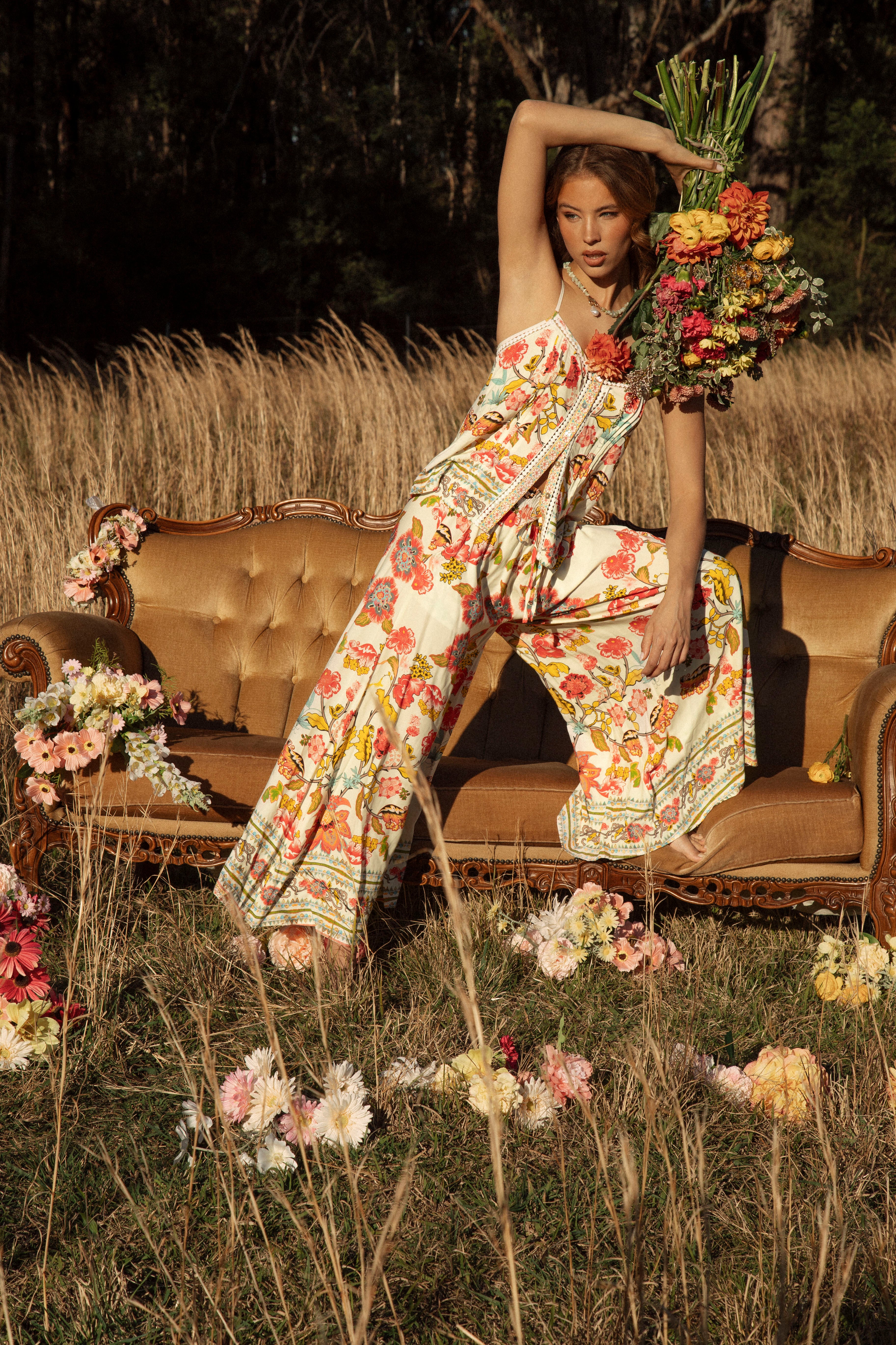 Resort Pant Golden Bloom and Rhea Camisole Golden Bloom worn as matching set