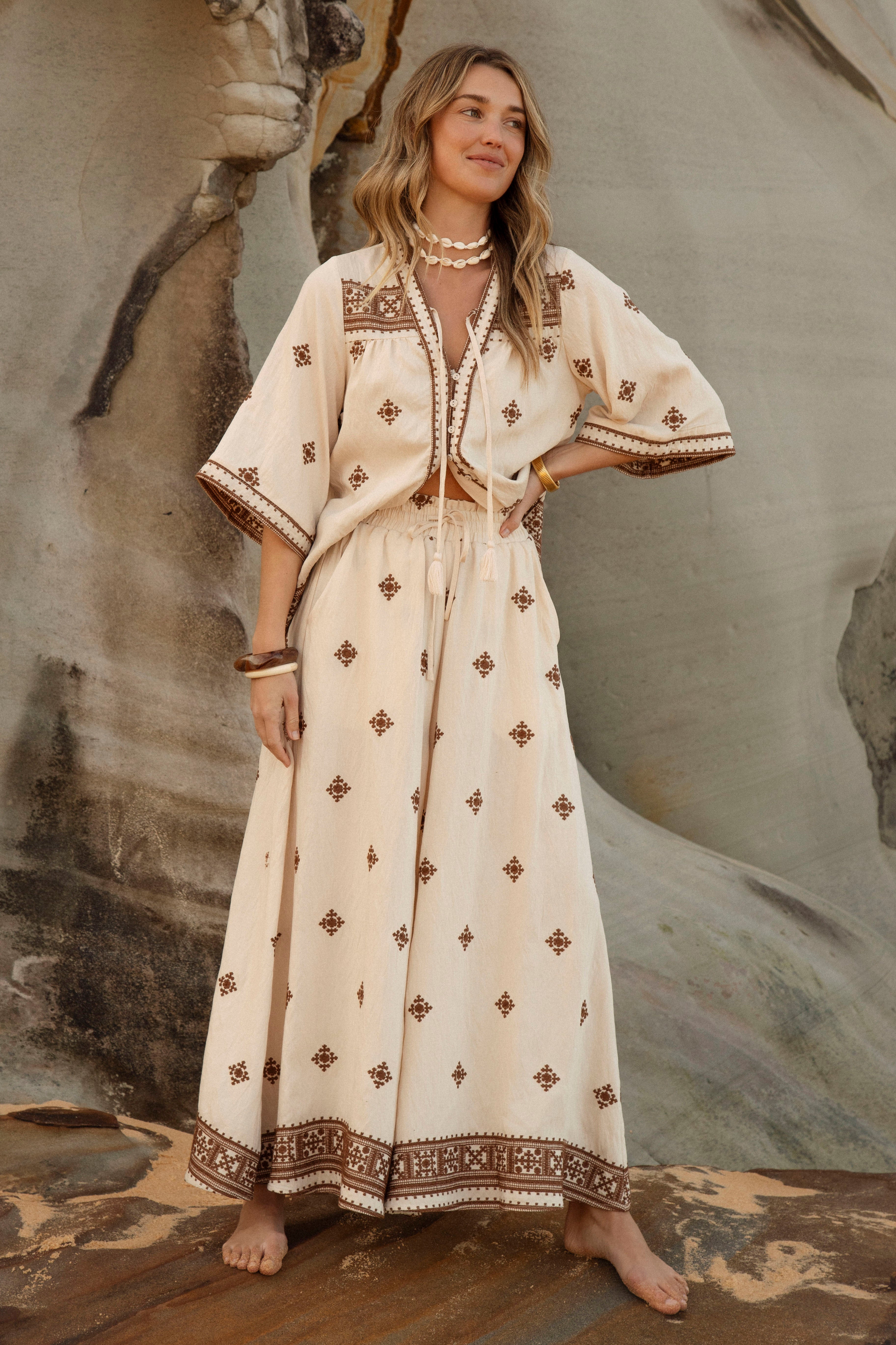 Kasbah Resort Pant worn with matching short. Cream colour with brown Boho inspired embroidered pattern.