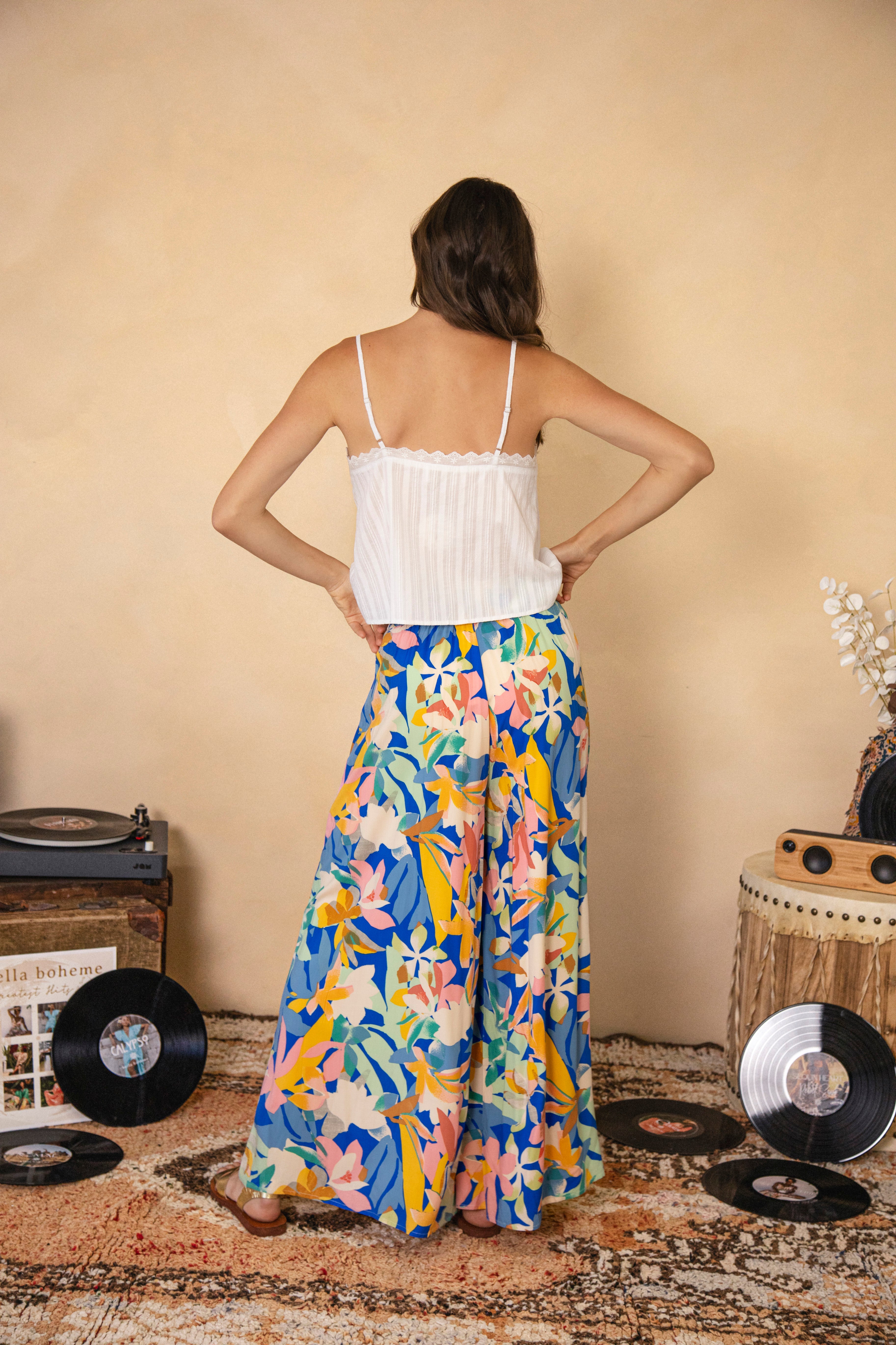 Resort Pant Mediterranean featuring abstract floral inspired print in shades of blue, yellow, green and white