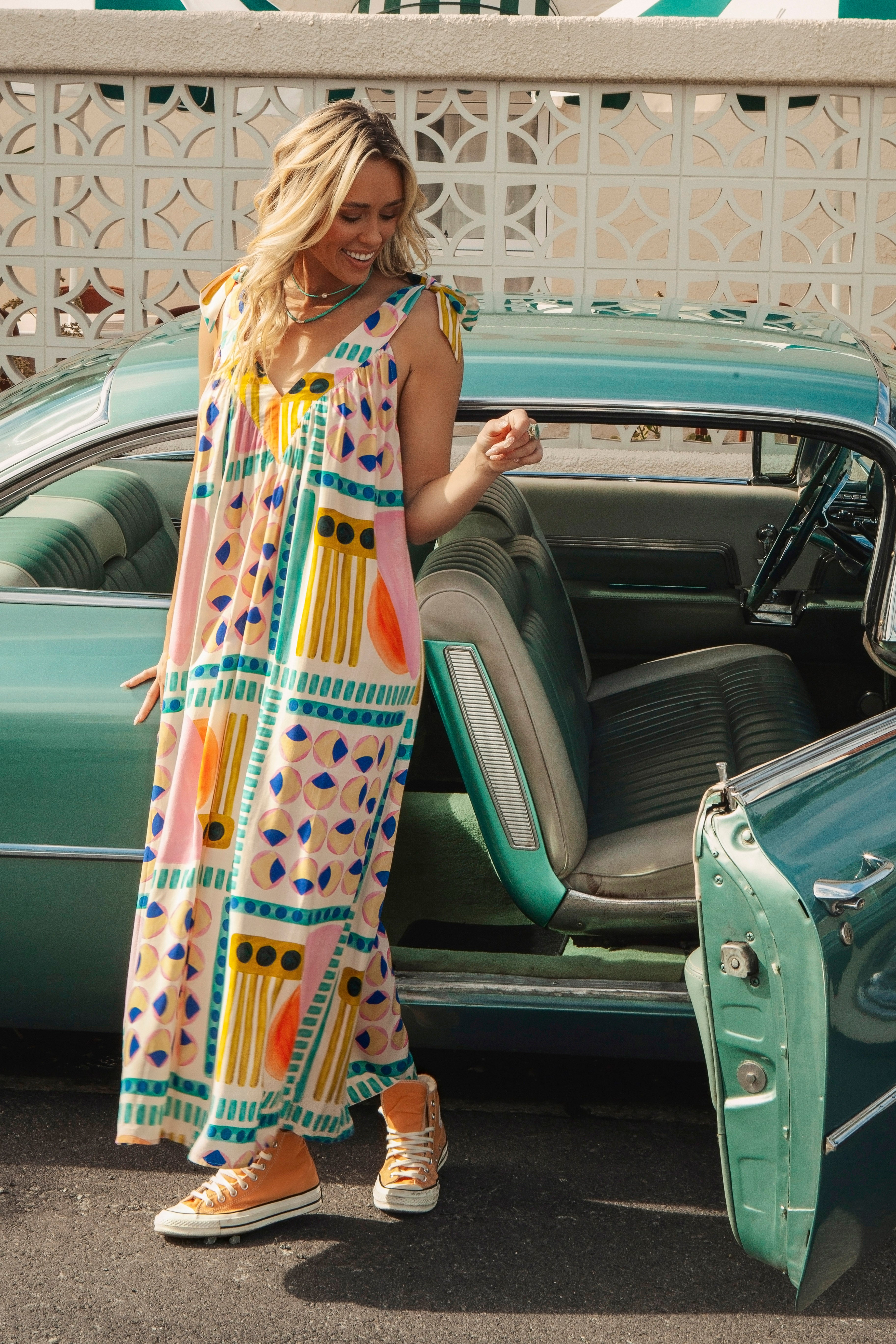 Retro Groove Maxi Dress features relaxed fit and bold colourful retro pattern