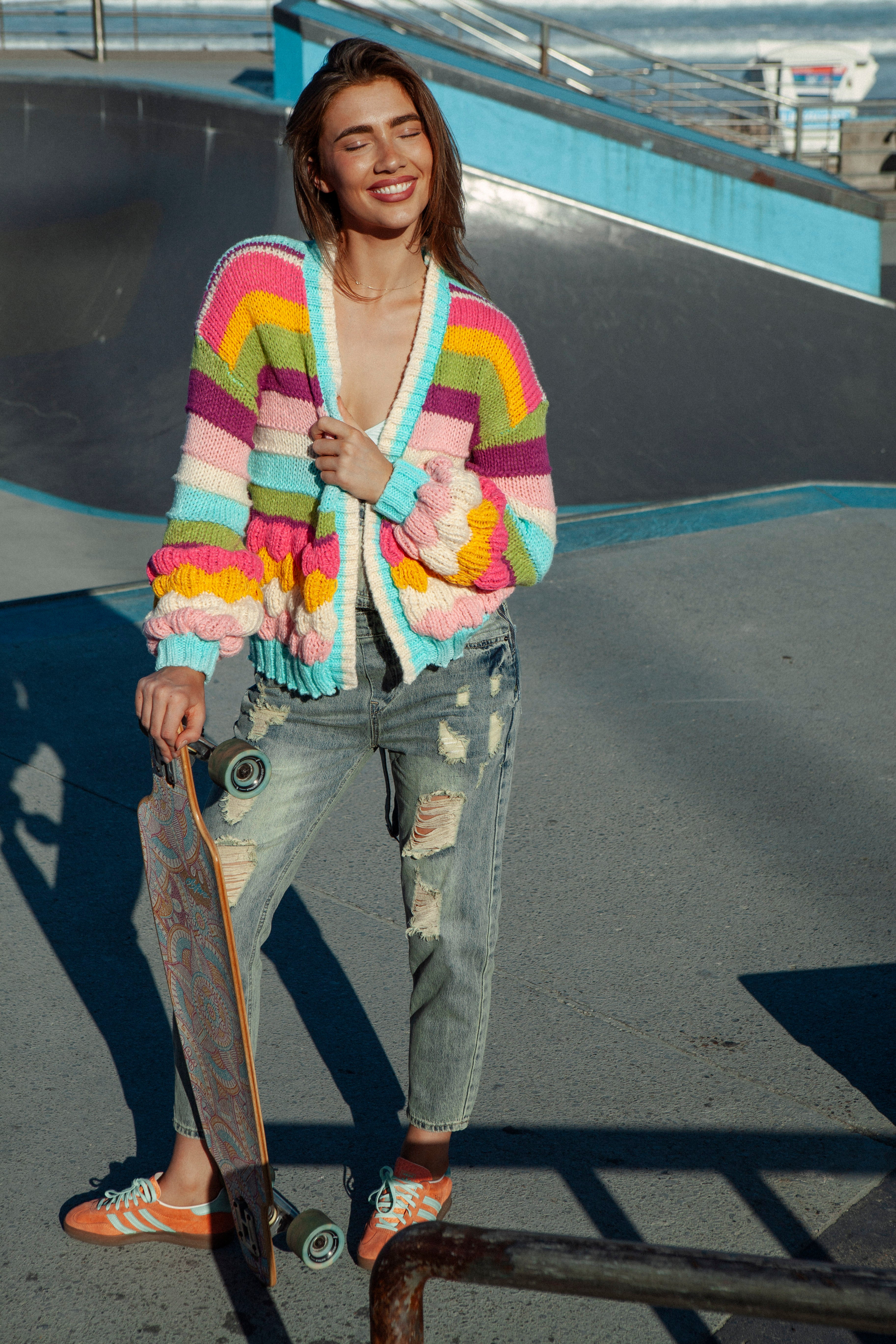 Retro Rainbow Stripe Cardigan - perfect casual cardigan to wear with denim.