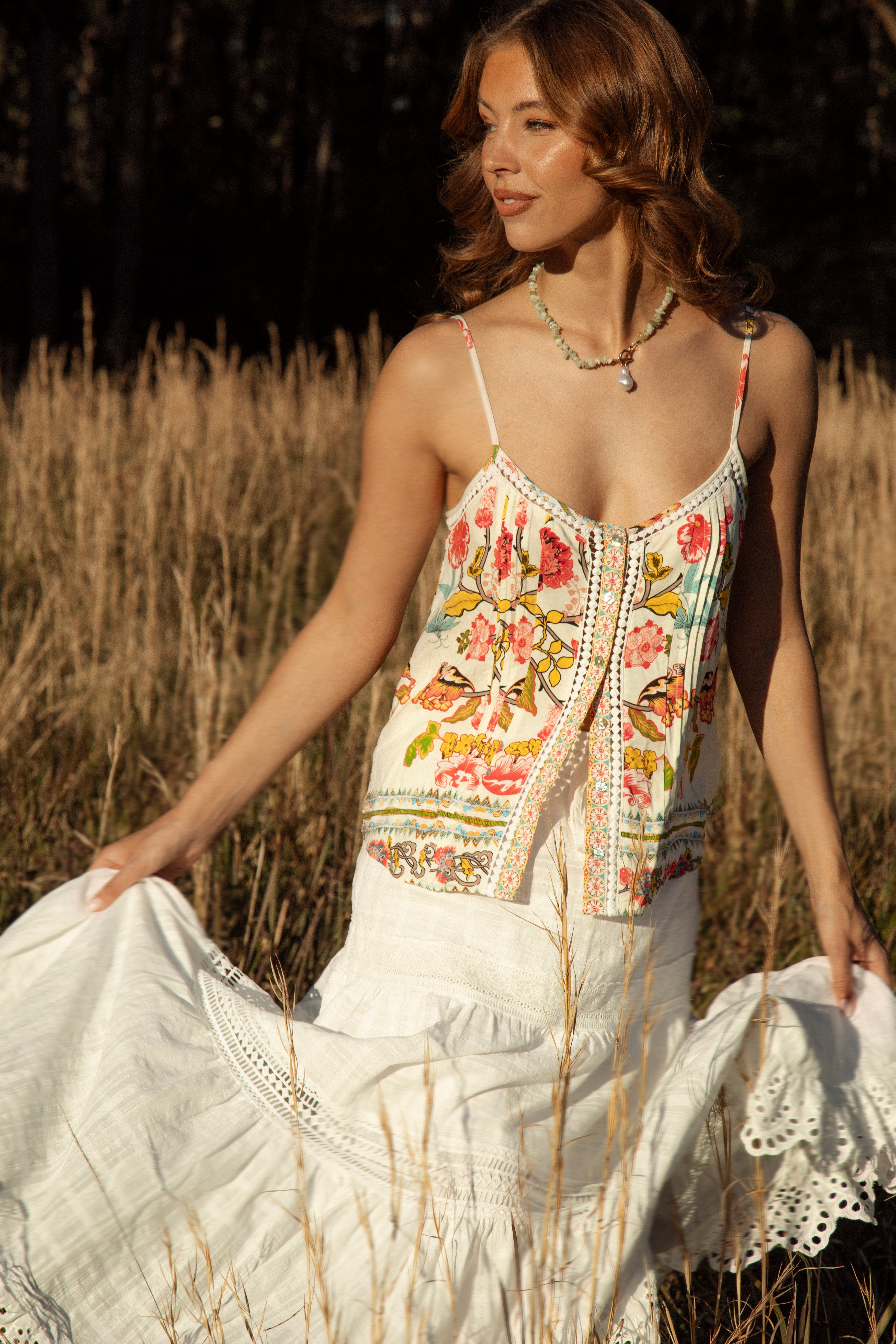Rhea Camisole Golden Bloomfeaturing boho floral print on white background