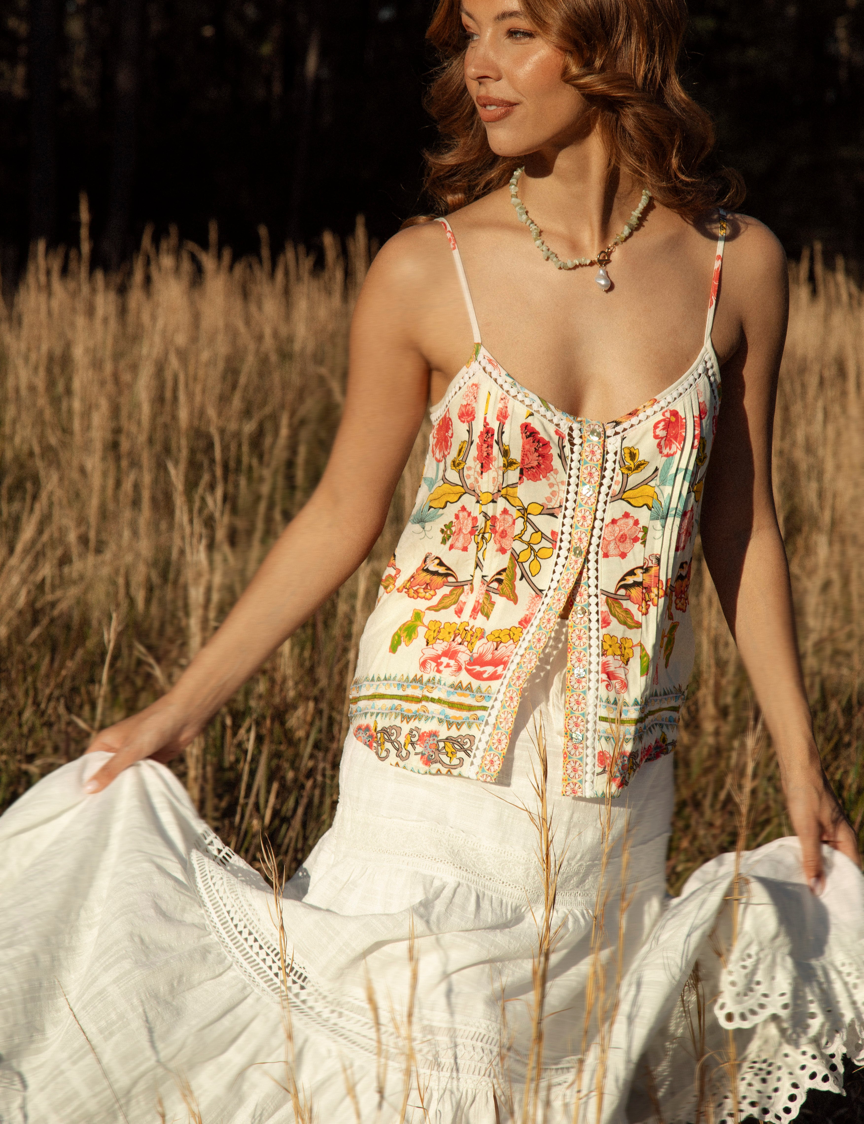 Rhea Camisole Golden Bloomfeaturing boho floral print on white background