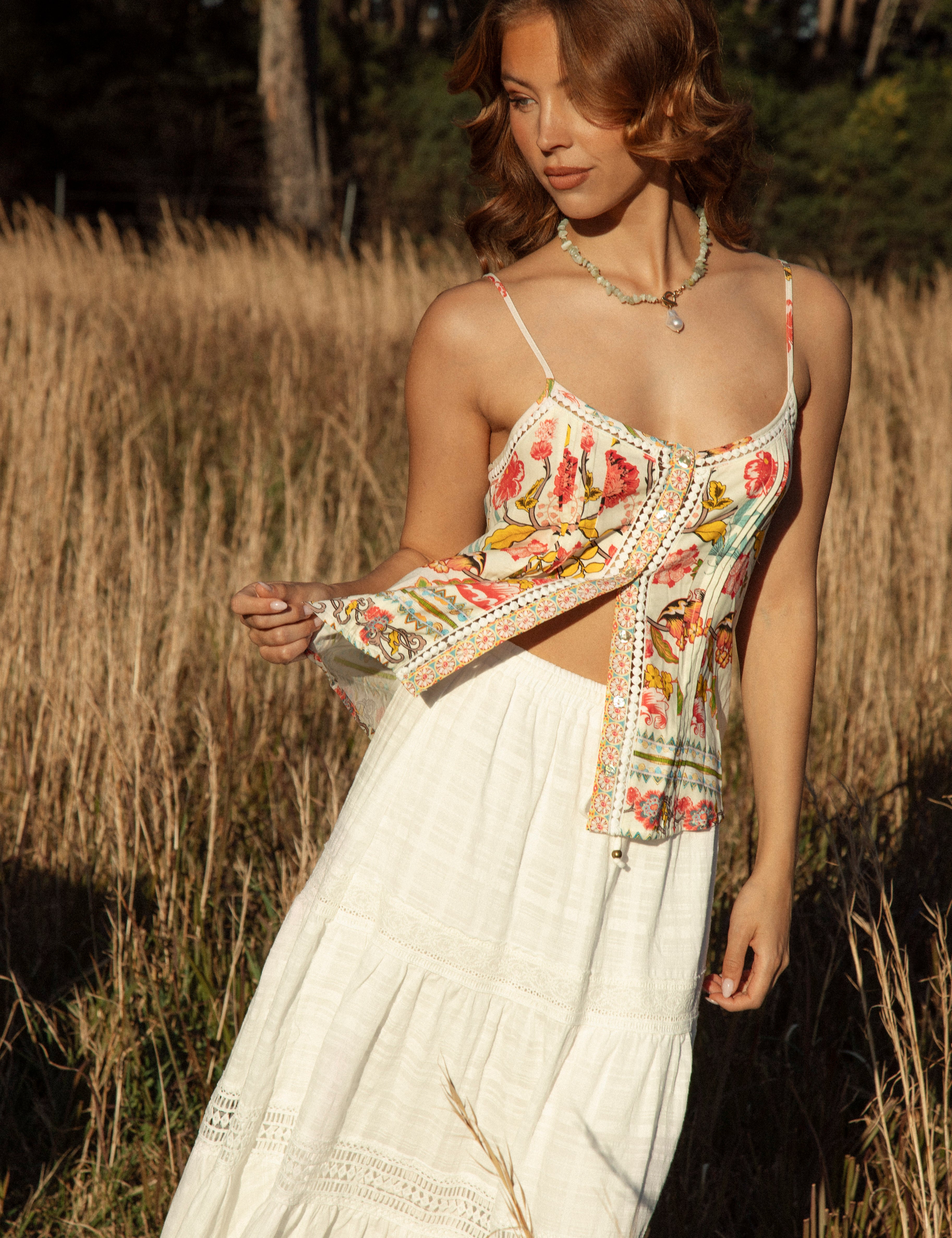 Rhea Camisole Golden Bloom showcasing button down style, spaghetti straps and boho floral print