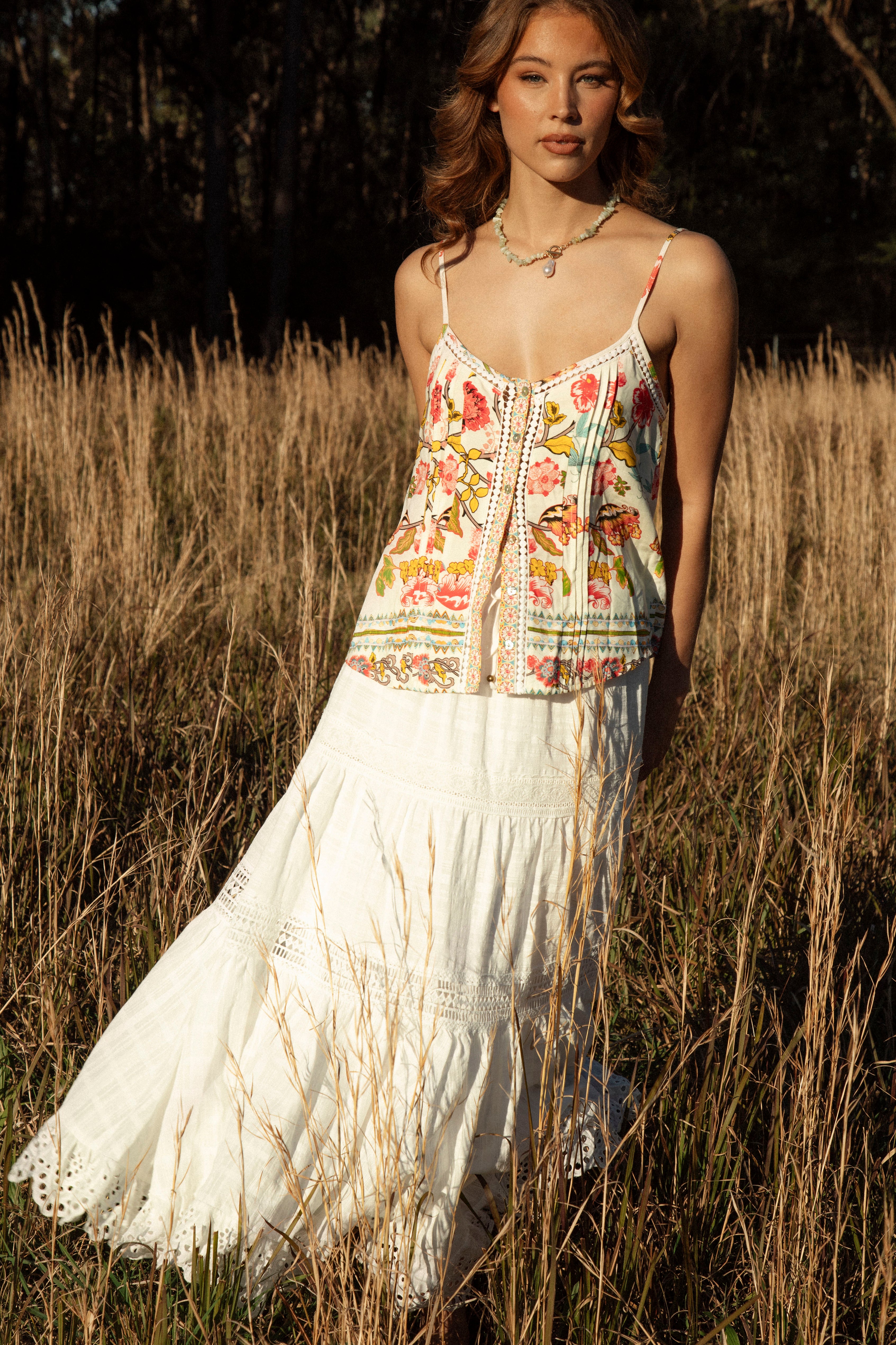 Rhea Camisole Golden Bloom worn with white maxi skirt