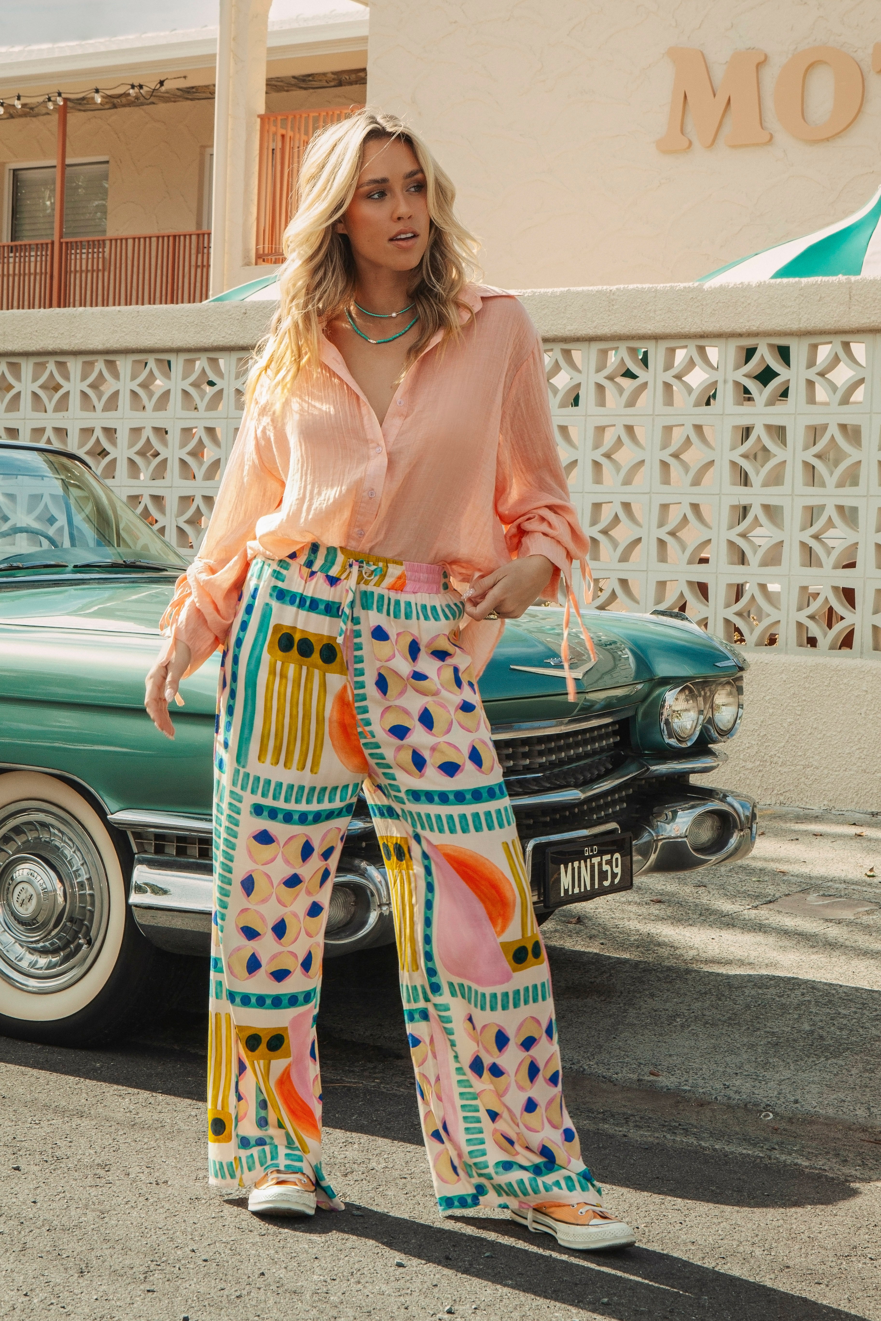 Roller Pants Retro Groove feature a bold retro pattern in pastel colourway