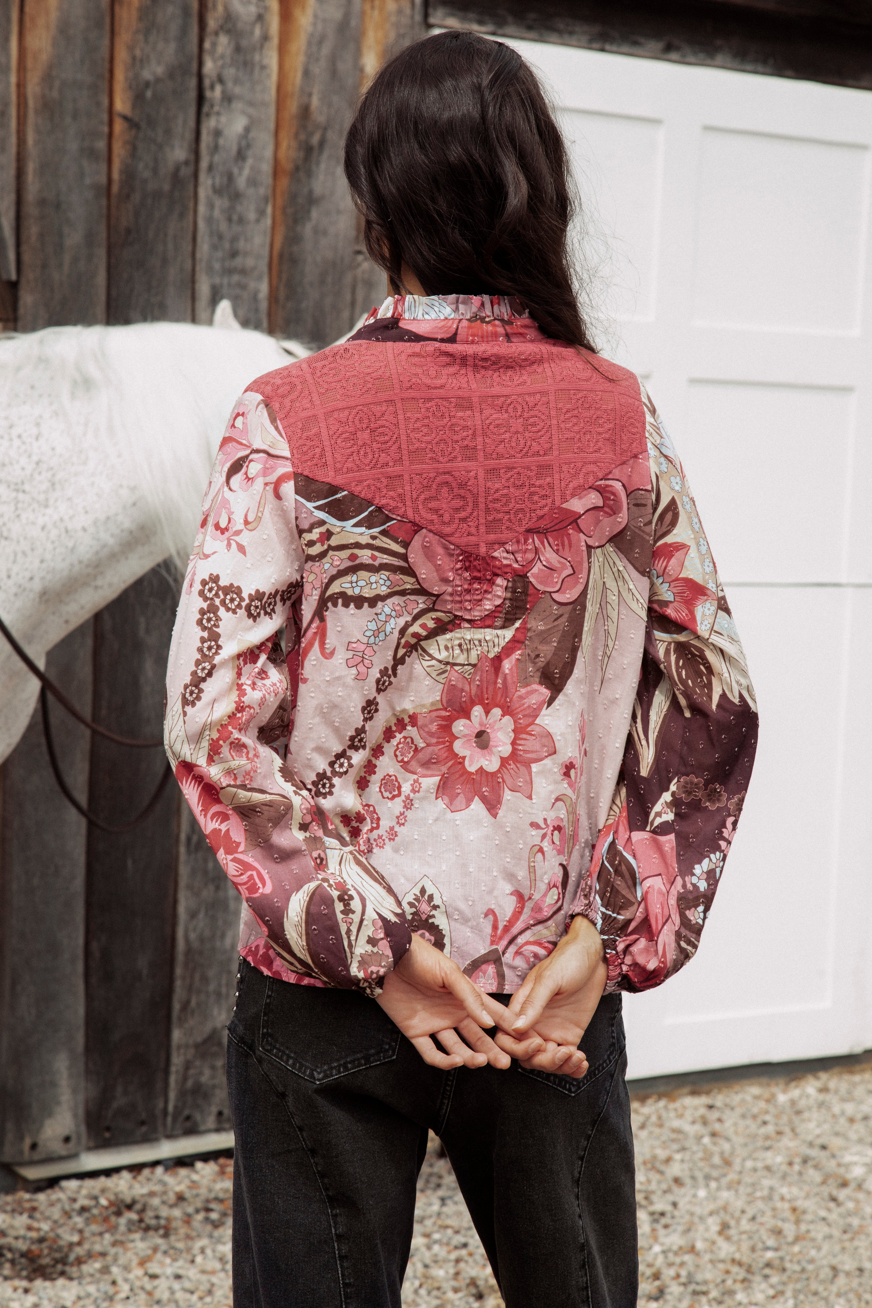 Rosé Blouse Merlot ear view showcasing lace detail