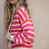 Roselle Stripe Cardigan - cropped style cardigan featuring striped pattern in shades of pink, orange and cream