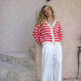 Roselle Stripe Cardigan worn with white linen pants
