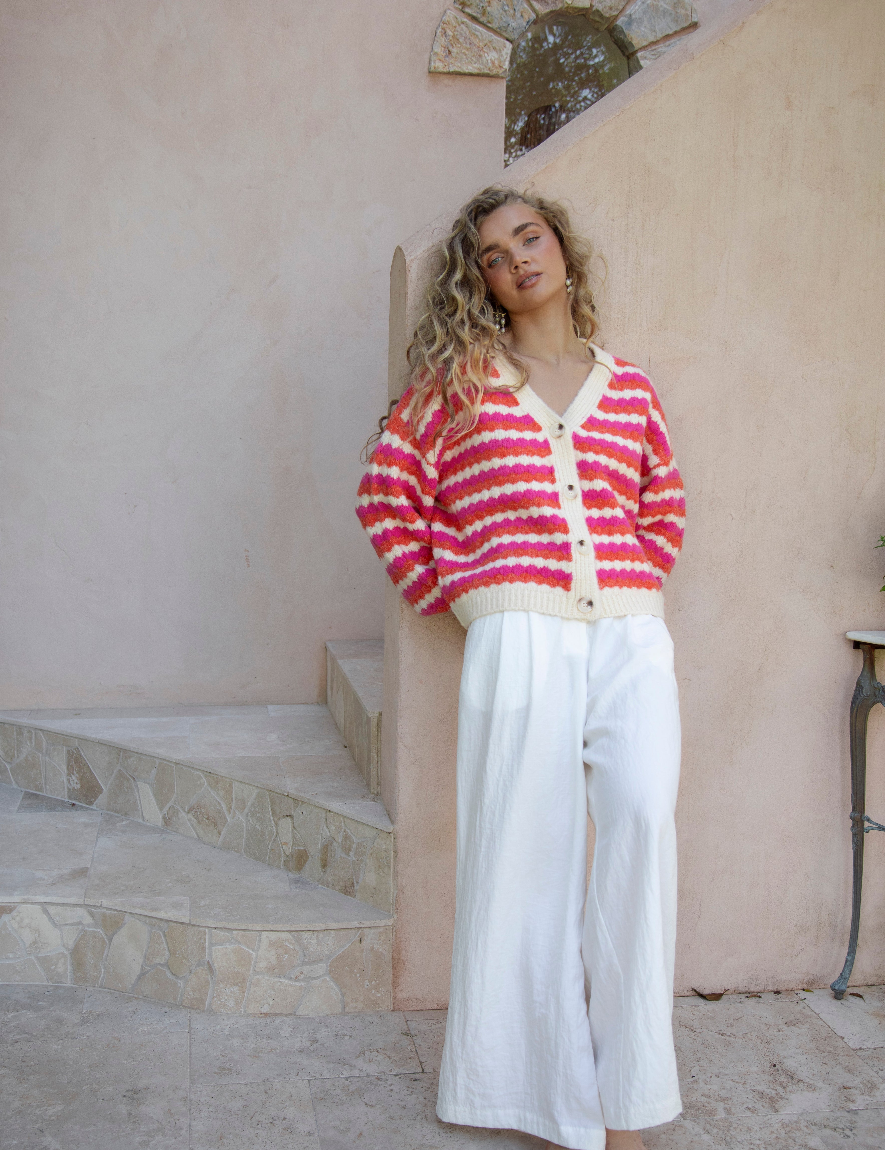 Roselle Stripe Cardigan worn with white linen pants