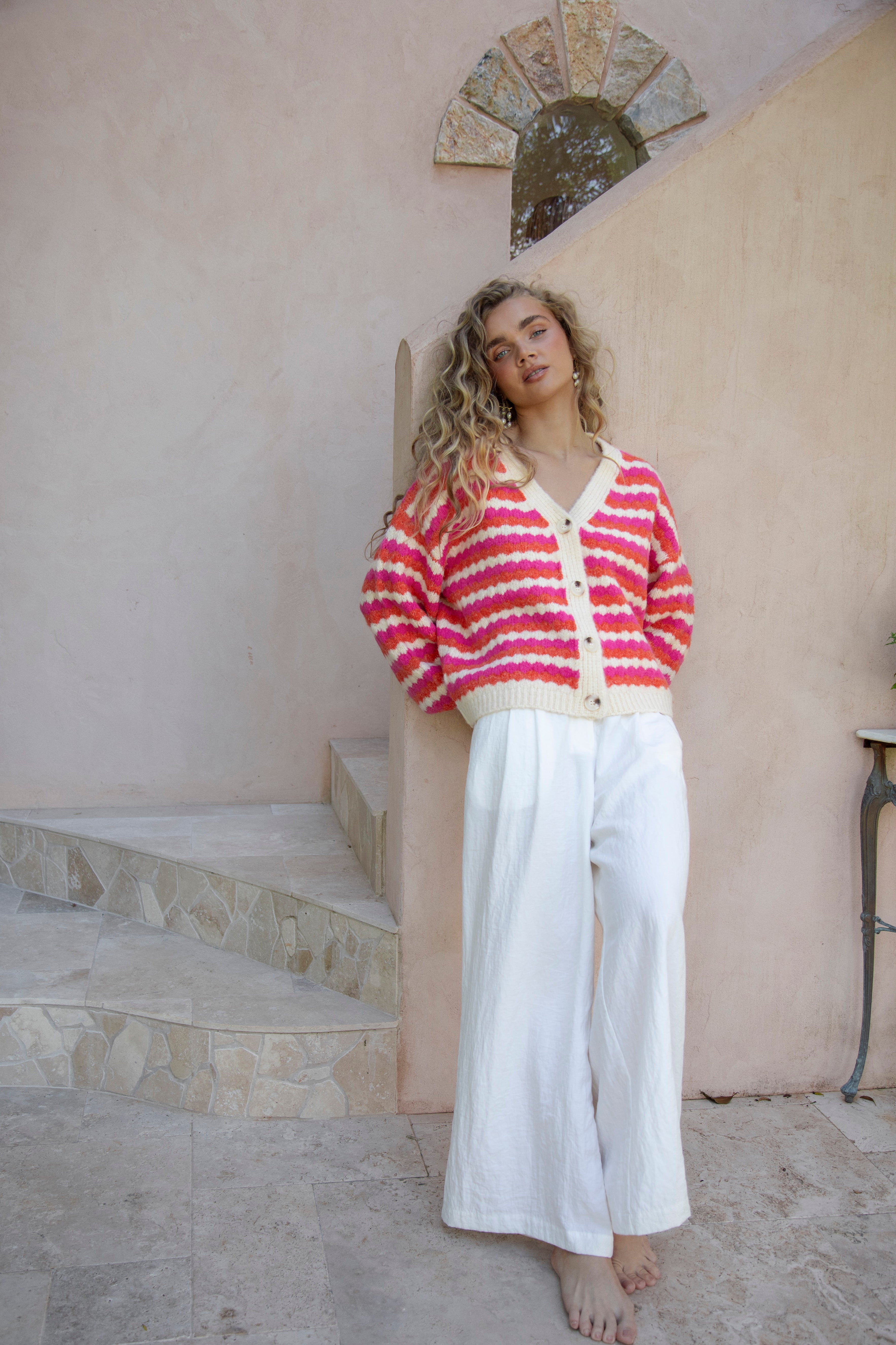 Roselle Stripe Cardigan worn with white linen pants