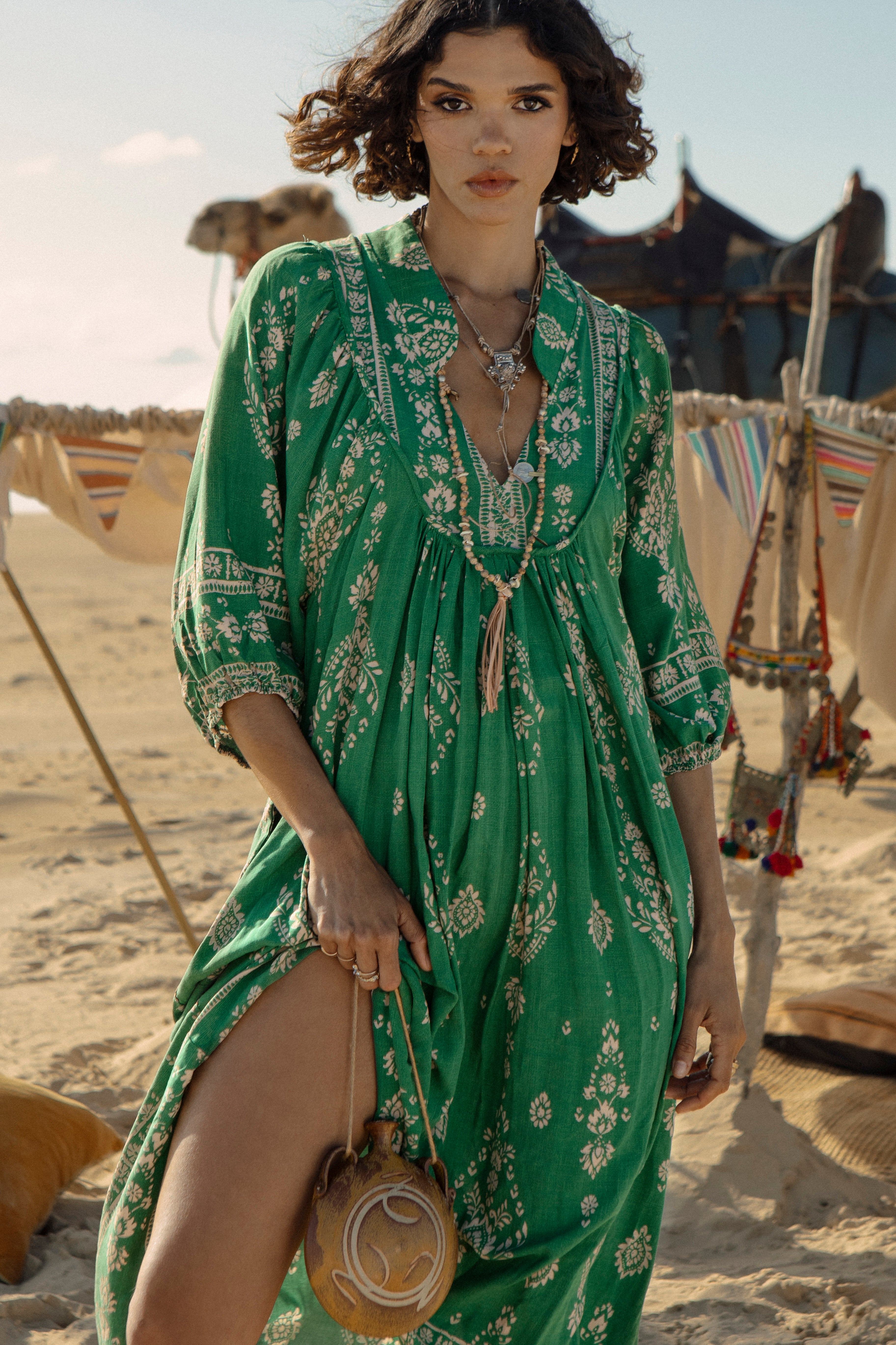 Rue Midi Dress Kiva - Boho style midi dress in green colourway with contrasting beige pattern