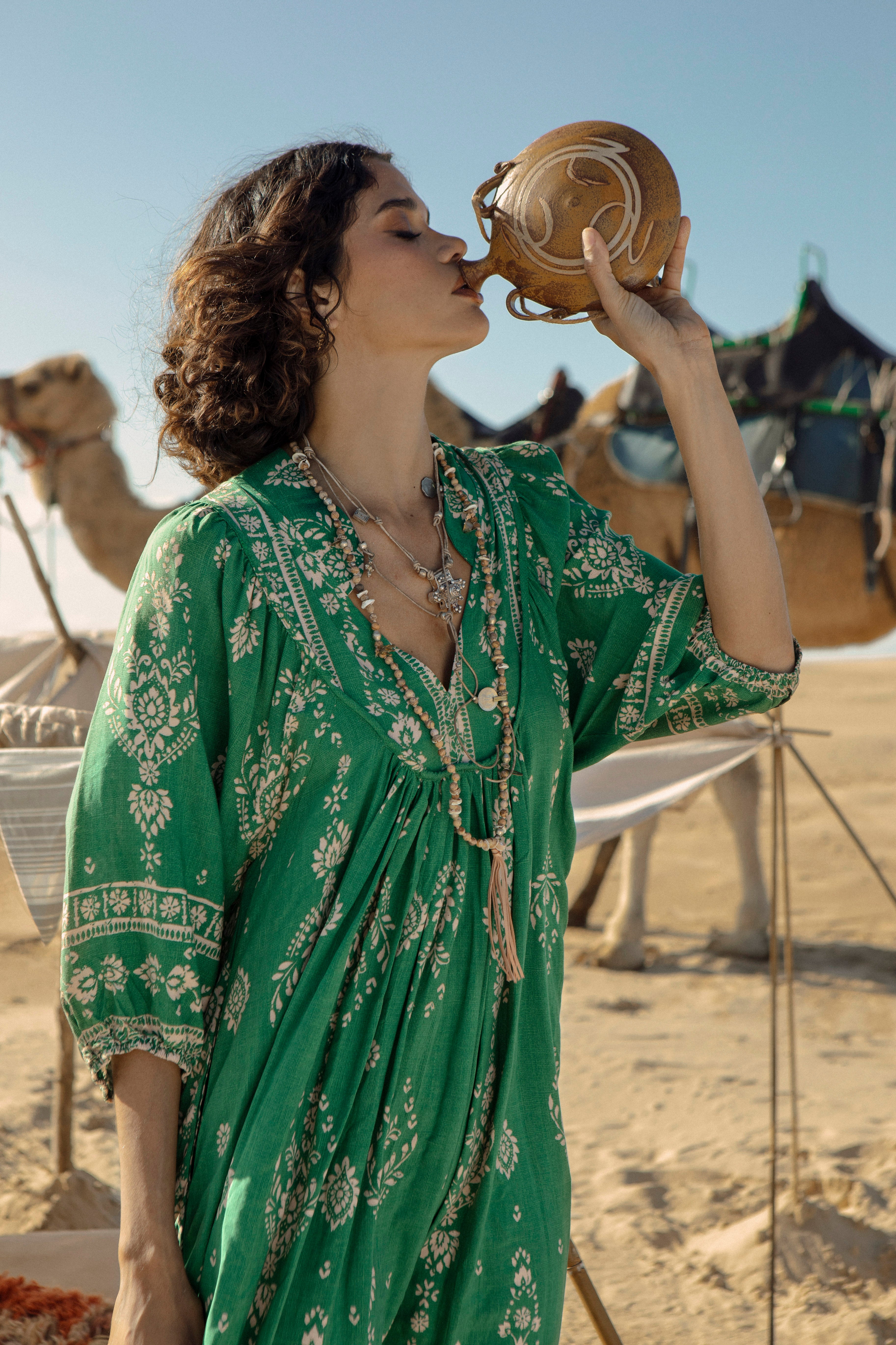 Rue Midi Dress Kiva featuring smock bodice, 3/4 sleeves and oversized fit