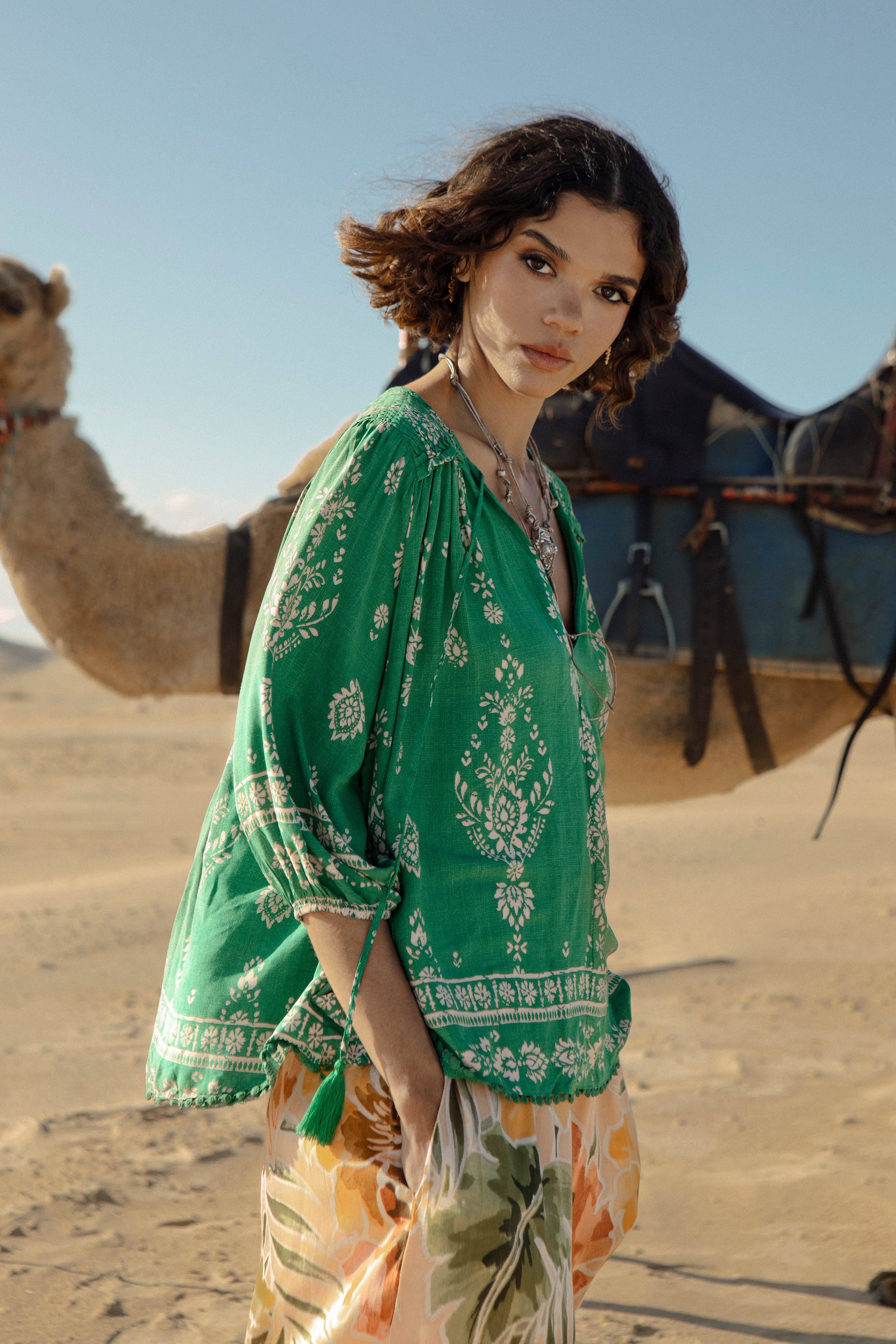 Rue Top Kiva Boho style top in green colourway with floral inspired print