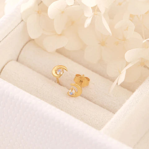S658RMG - Waxing Moon Moonstone Studs Gold