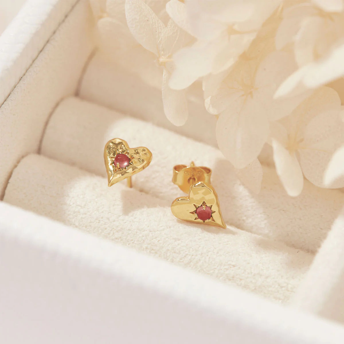 Love Heart Garnet Studs - Gold