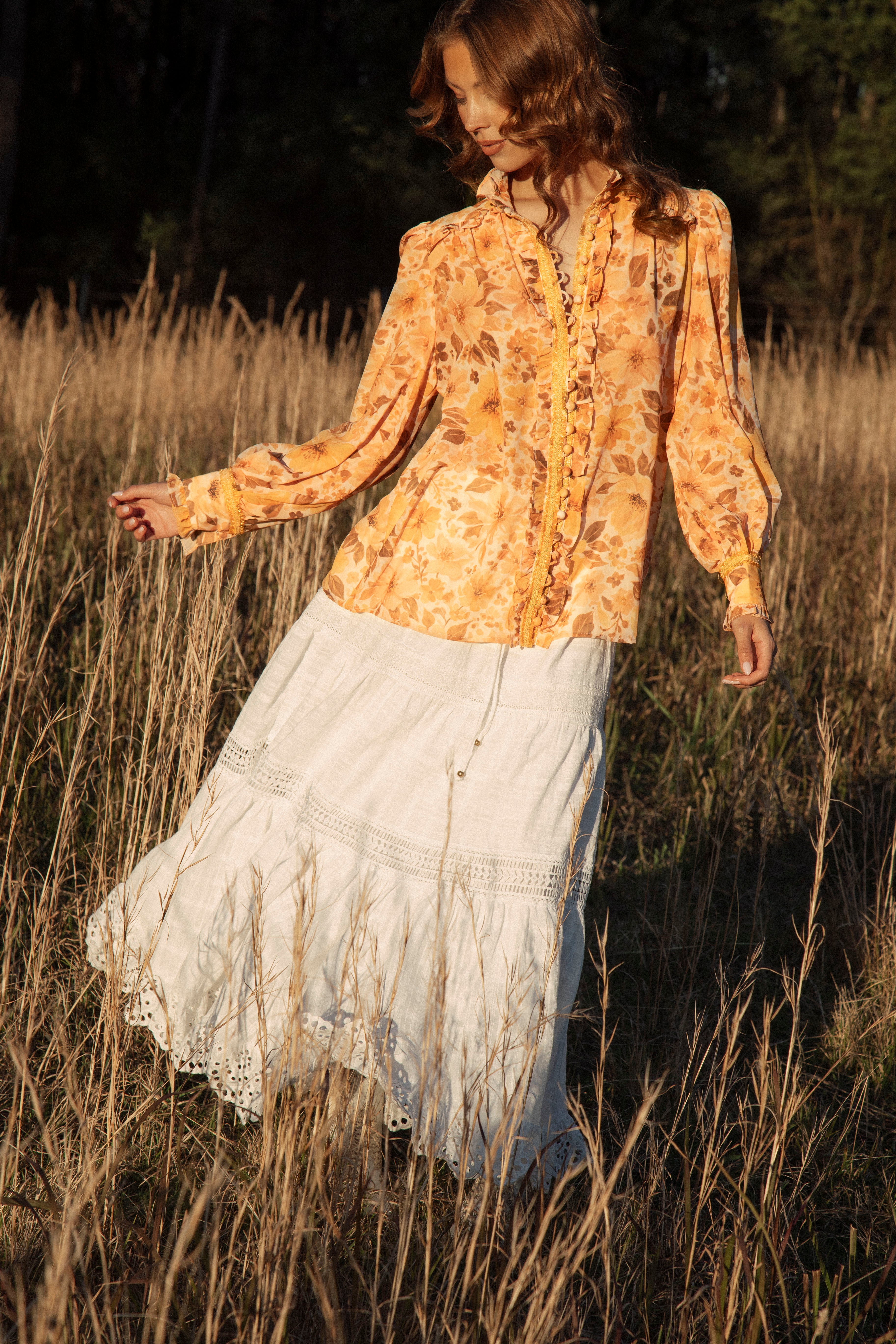 Saffron Dreams Blouse - long sleeve blouse featuring floral print in shades of orange and brown