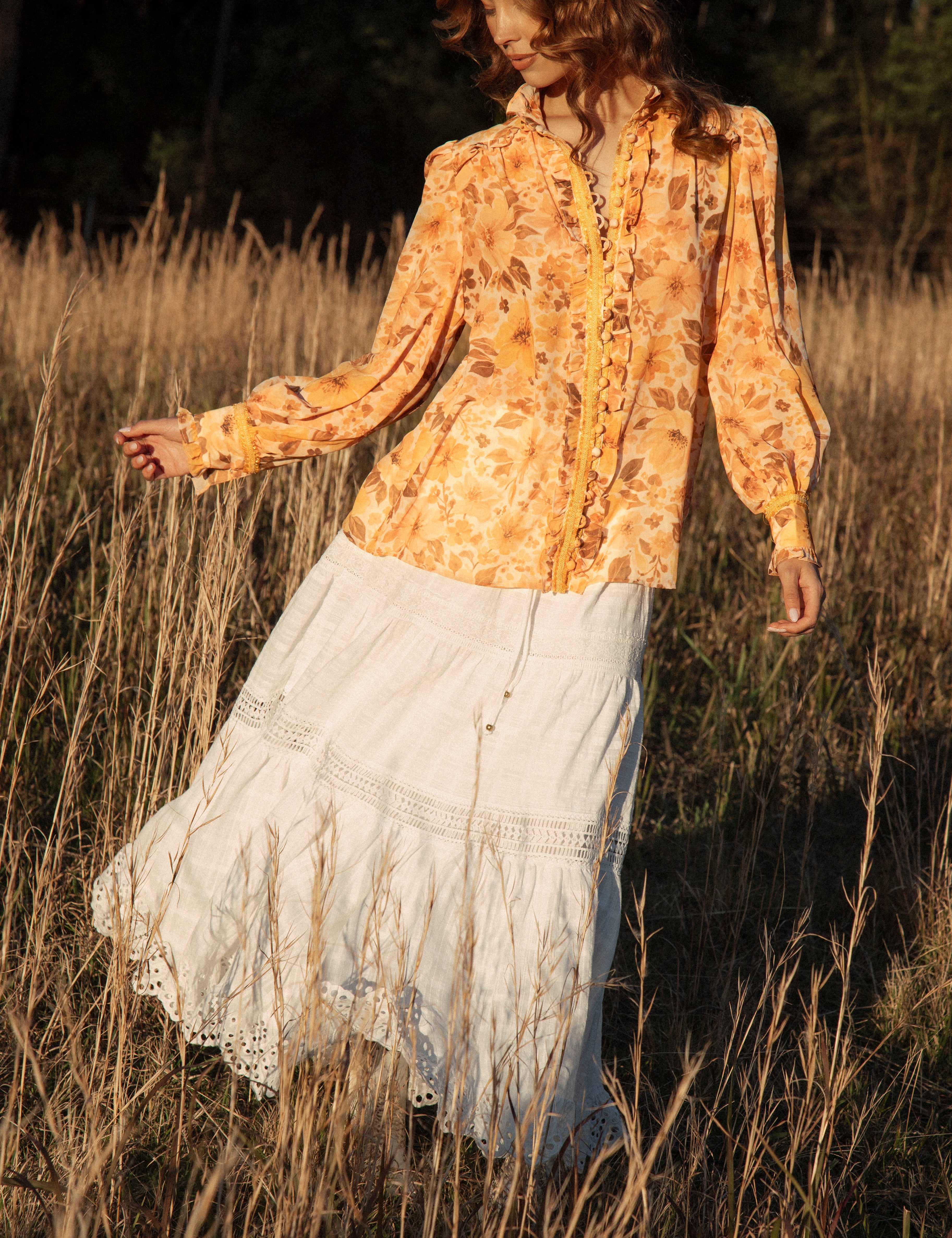 Saffron Dreams Blouse - long sleeve blouse featuring floral print in shades of orange and brown
