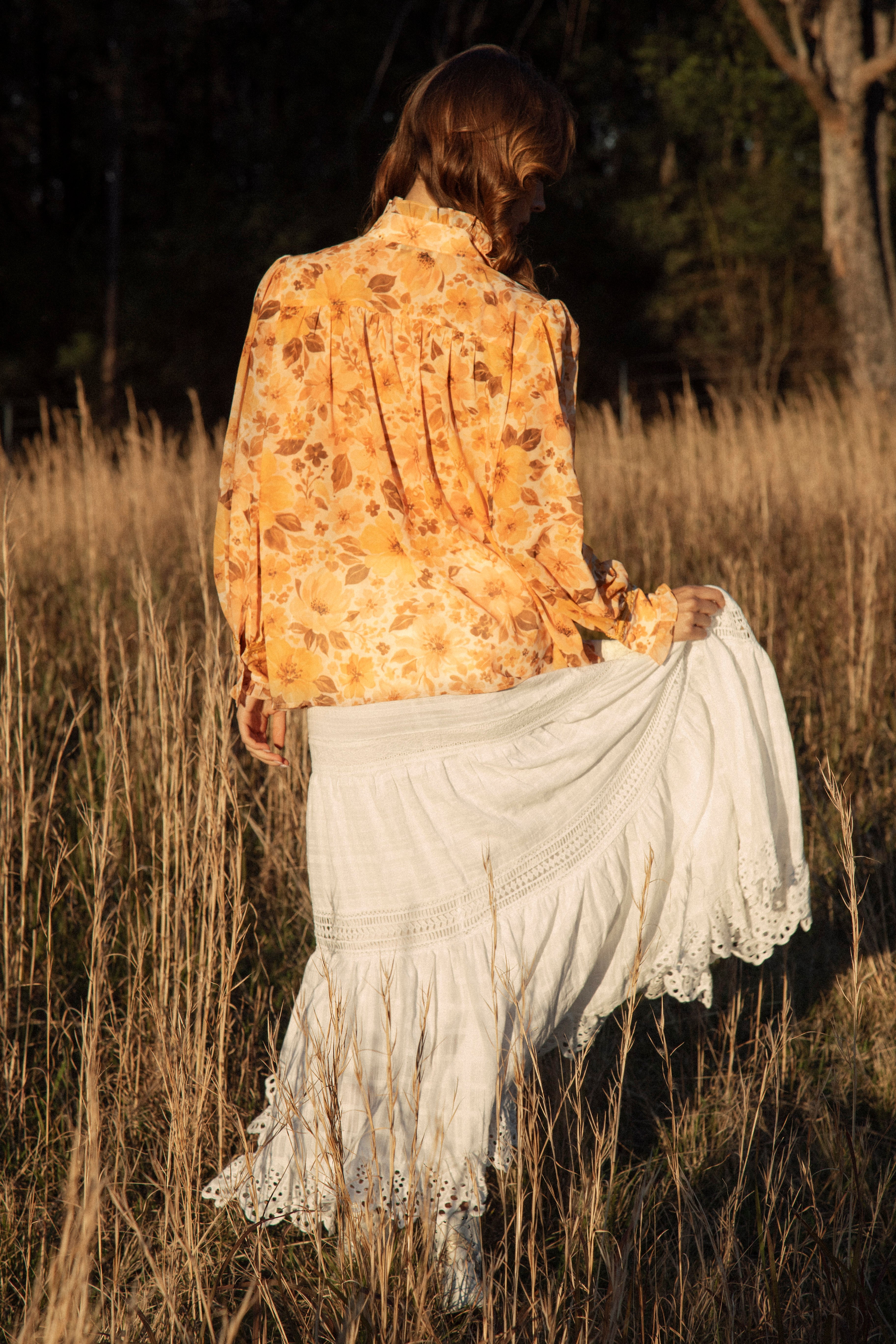 Saffron Dreams Blouse - rear view showcasing vintage inspired floral pattern