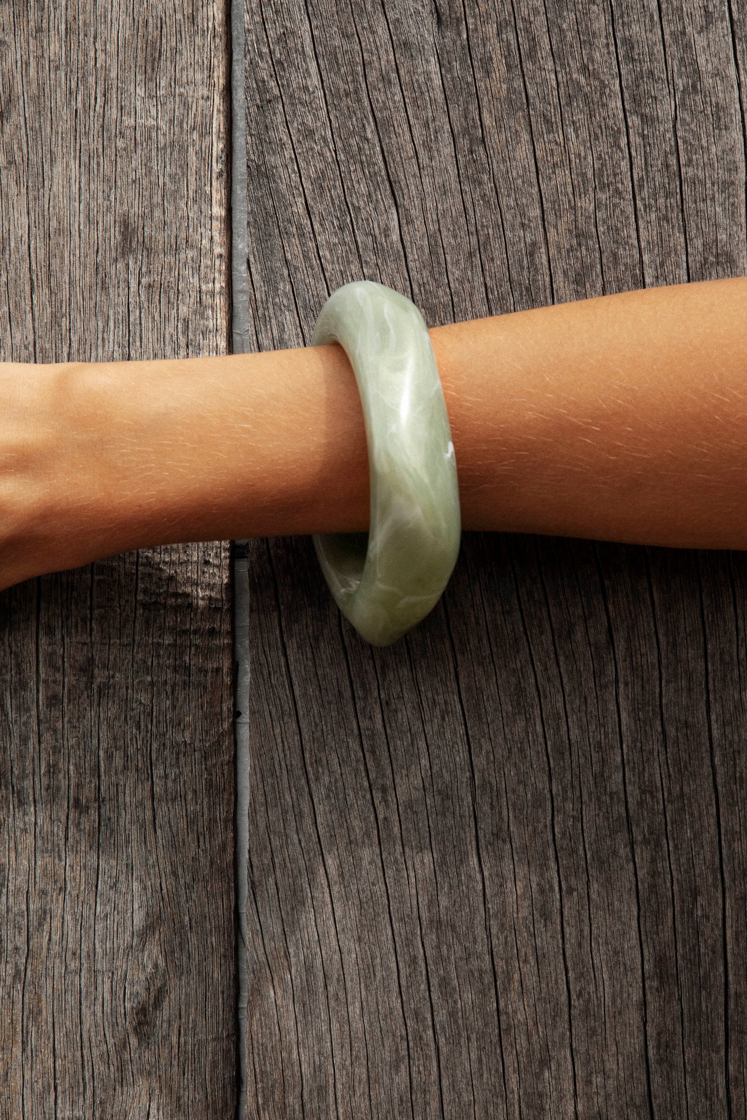 Sage Resin Bangle featuring chunky style and glossy finish.