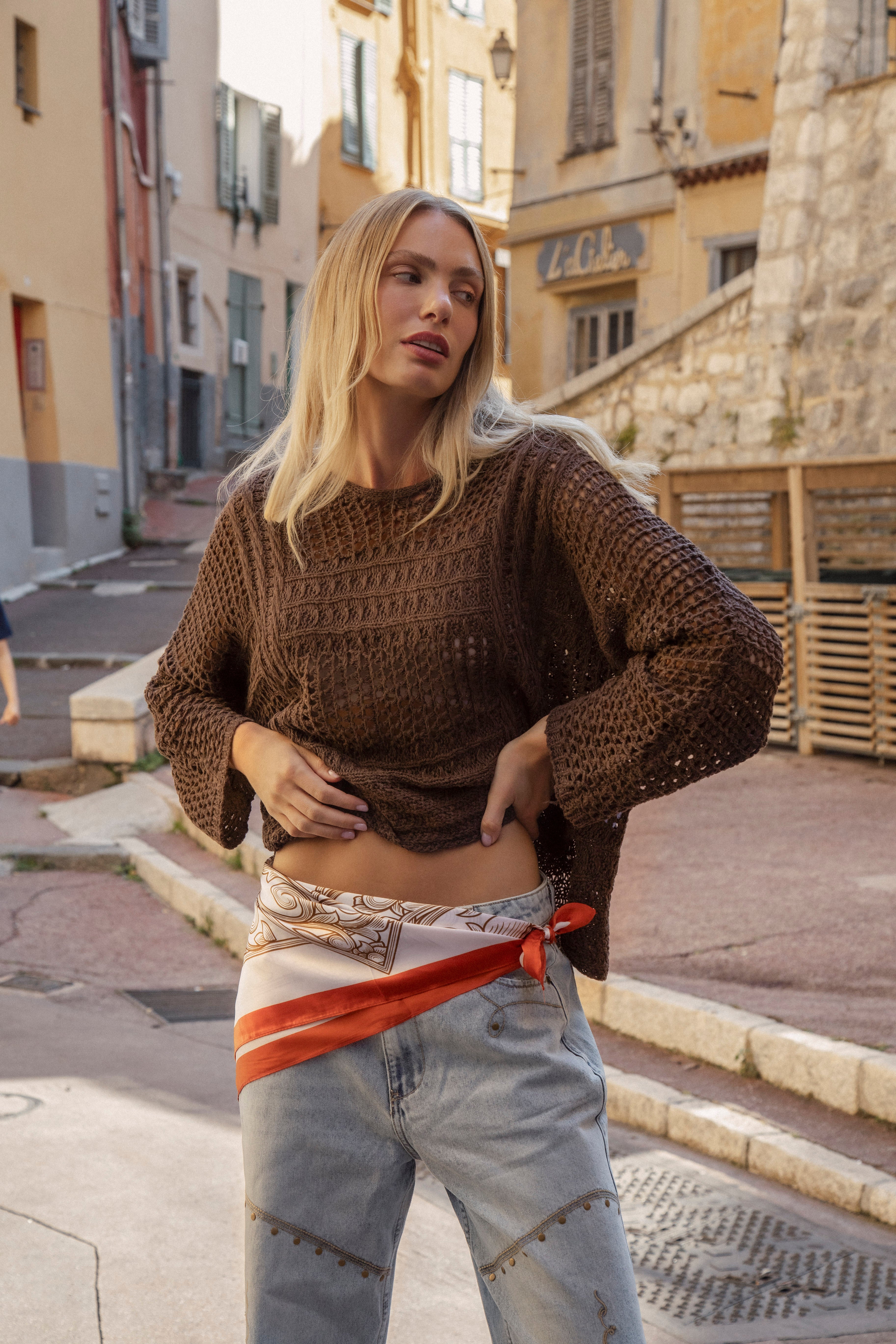 Salty Crochet Knit Chocolate worn with Cadillac Jean