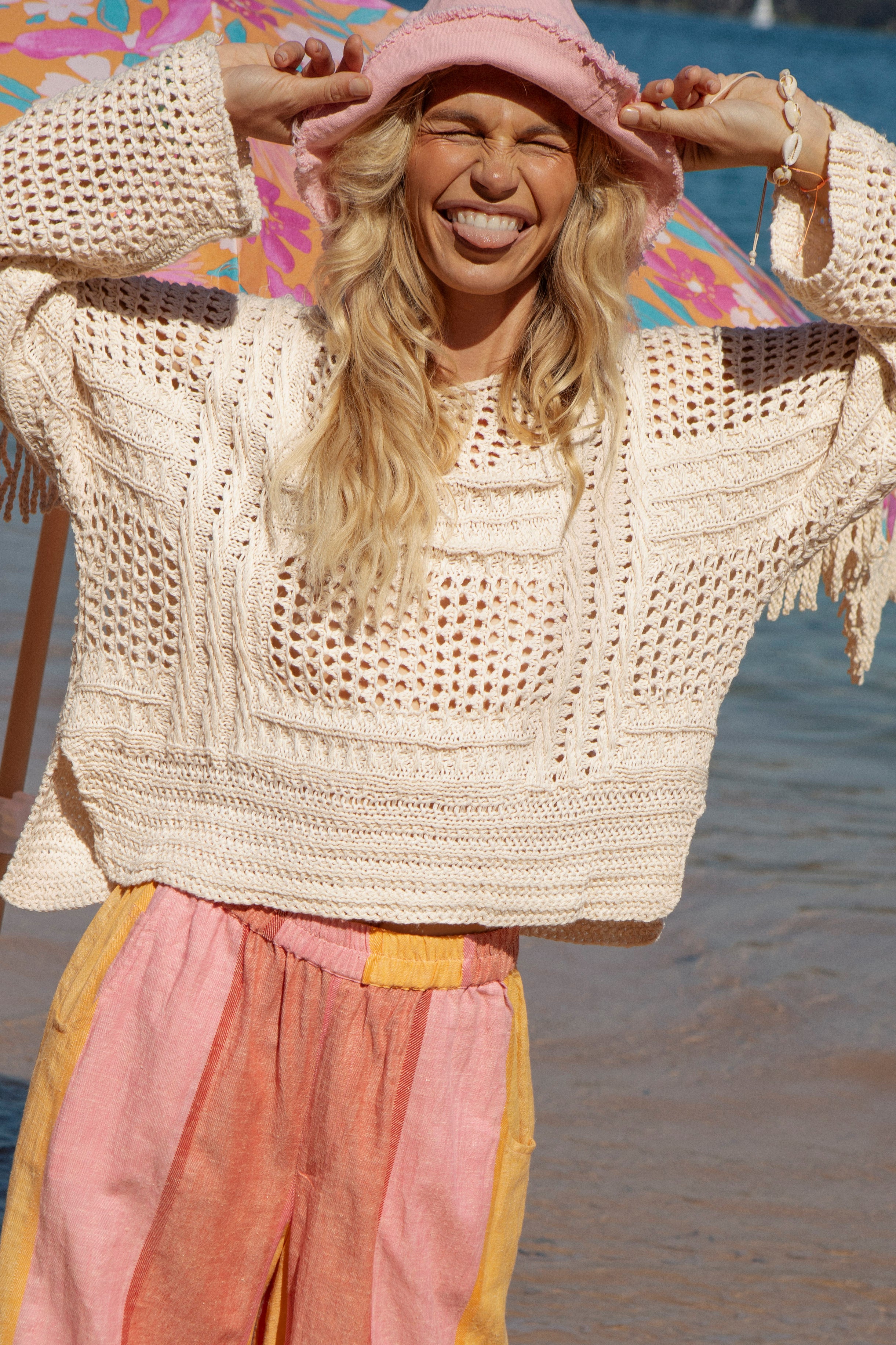 Salty Crochet Knit - Cream. Textured casual long sleeve knit.