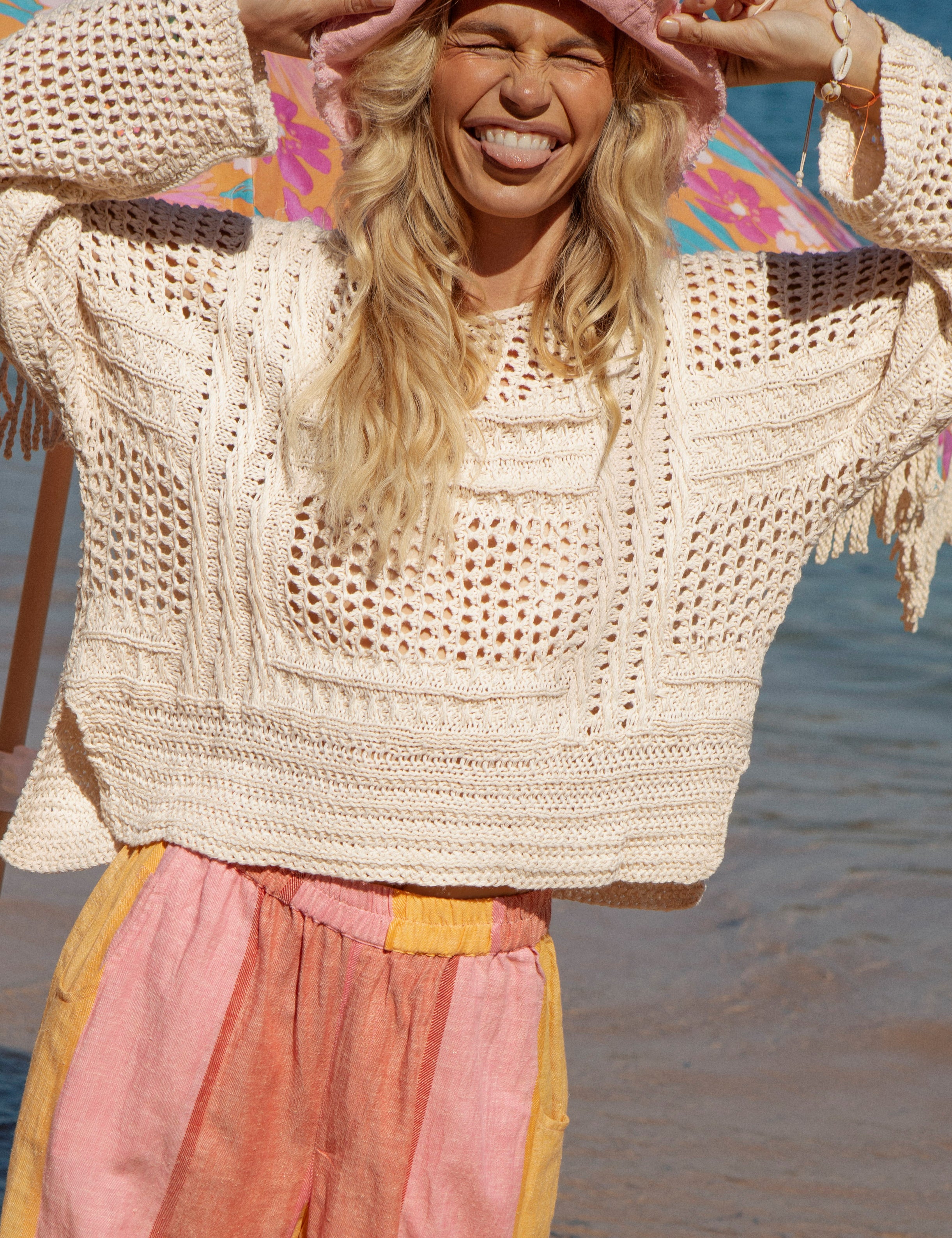 Salty Crochet Knit - Cream. Textured casual long sleeve knit.