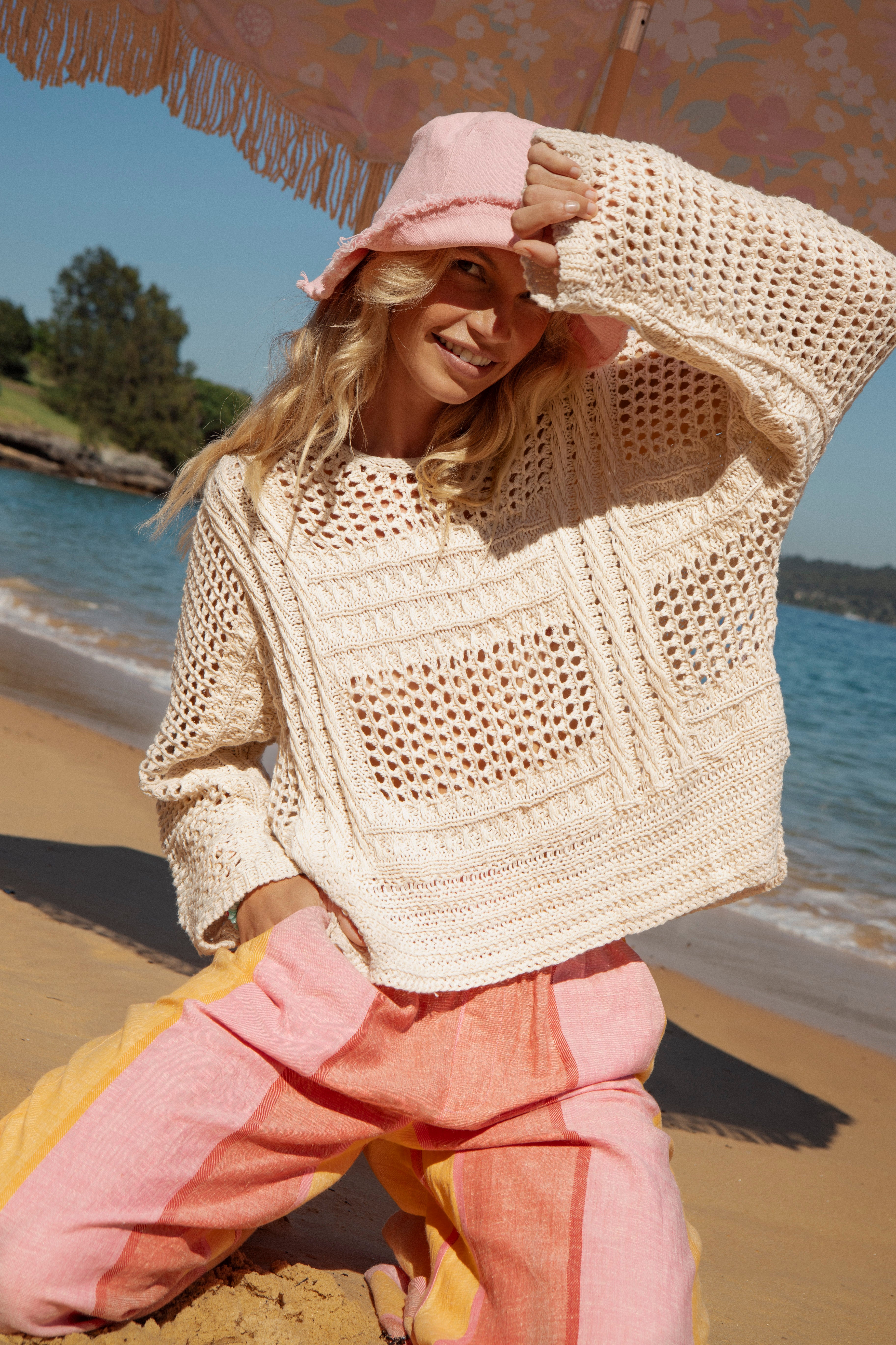 Salty Crochet Knit - Cream. Textured knit for casual wear. Pair with denim.