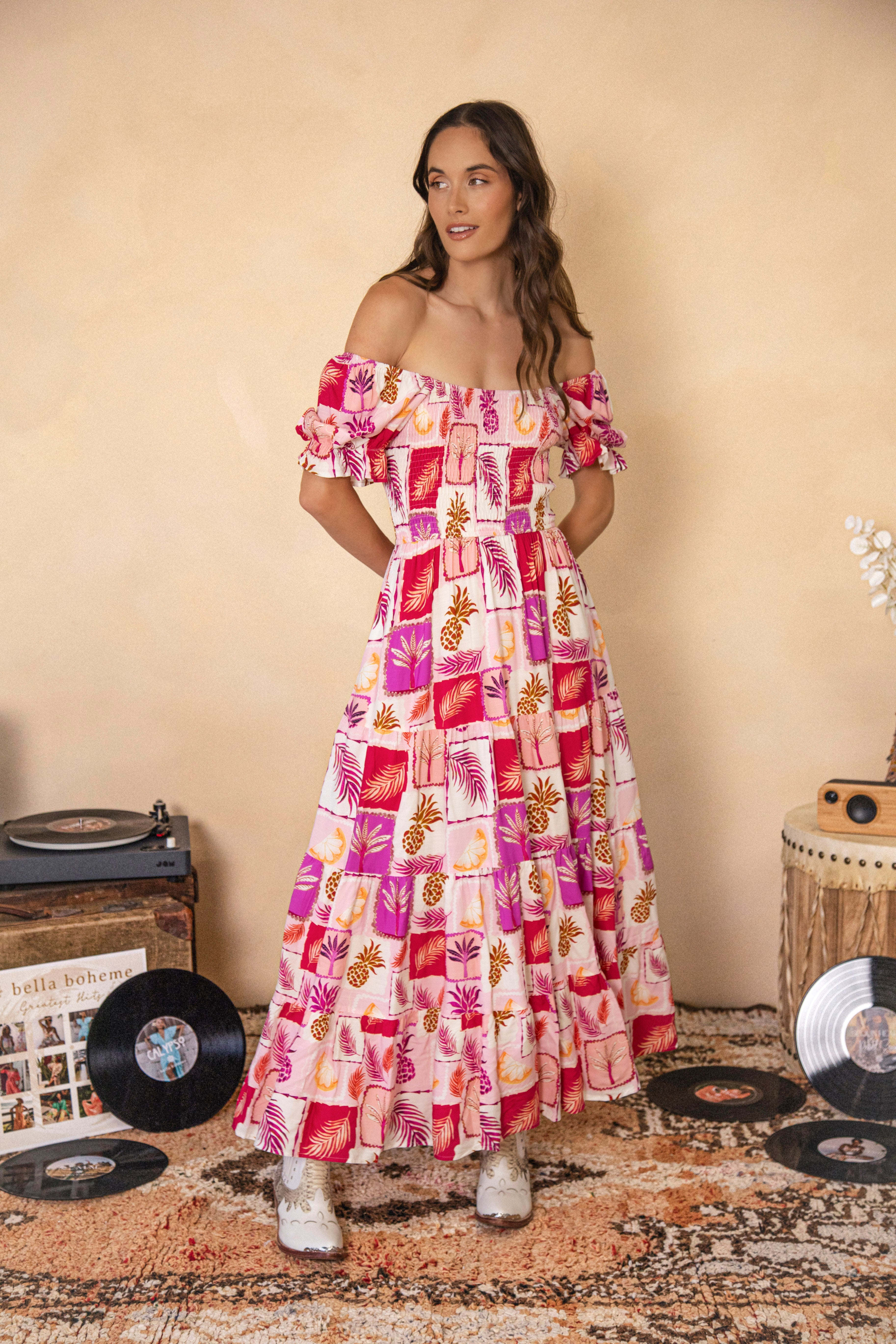 Samara Maxi Dress Pina Colada featuring shirred bodice and off the shoulder style