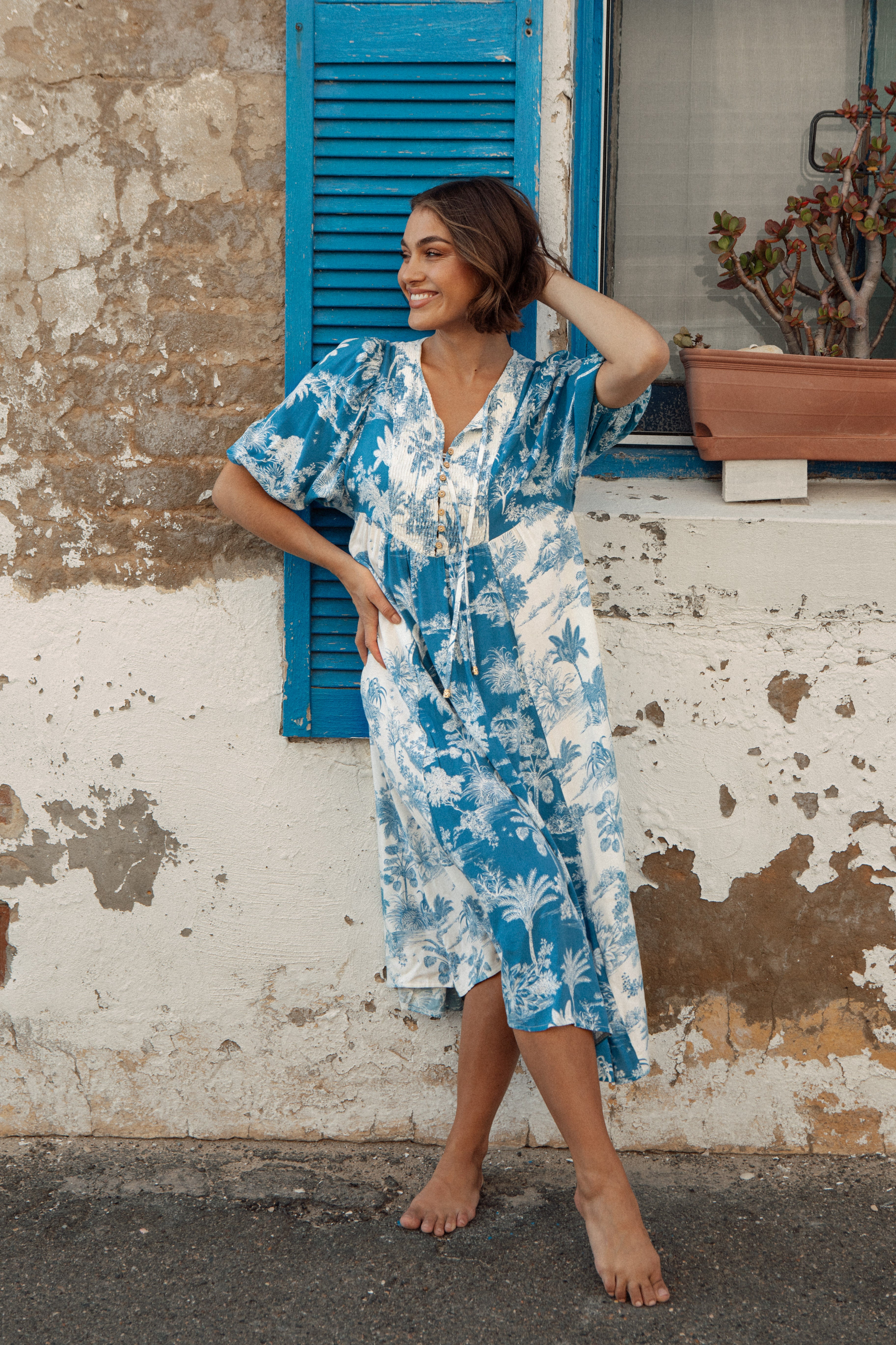 Santorini Dress Boho style dress featuring white and blue Mediterranean inspired print