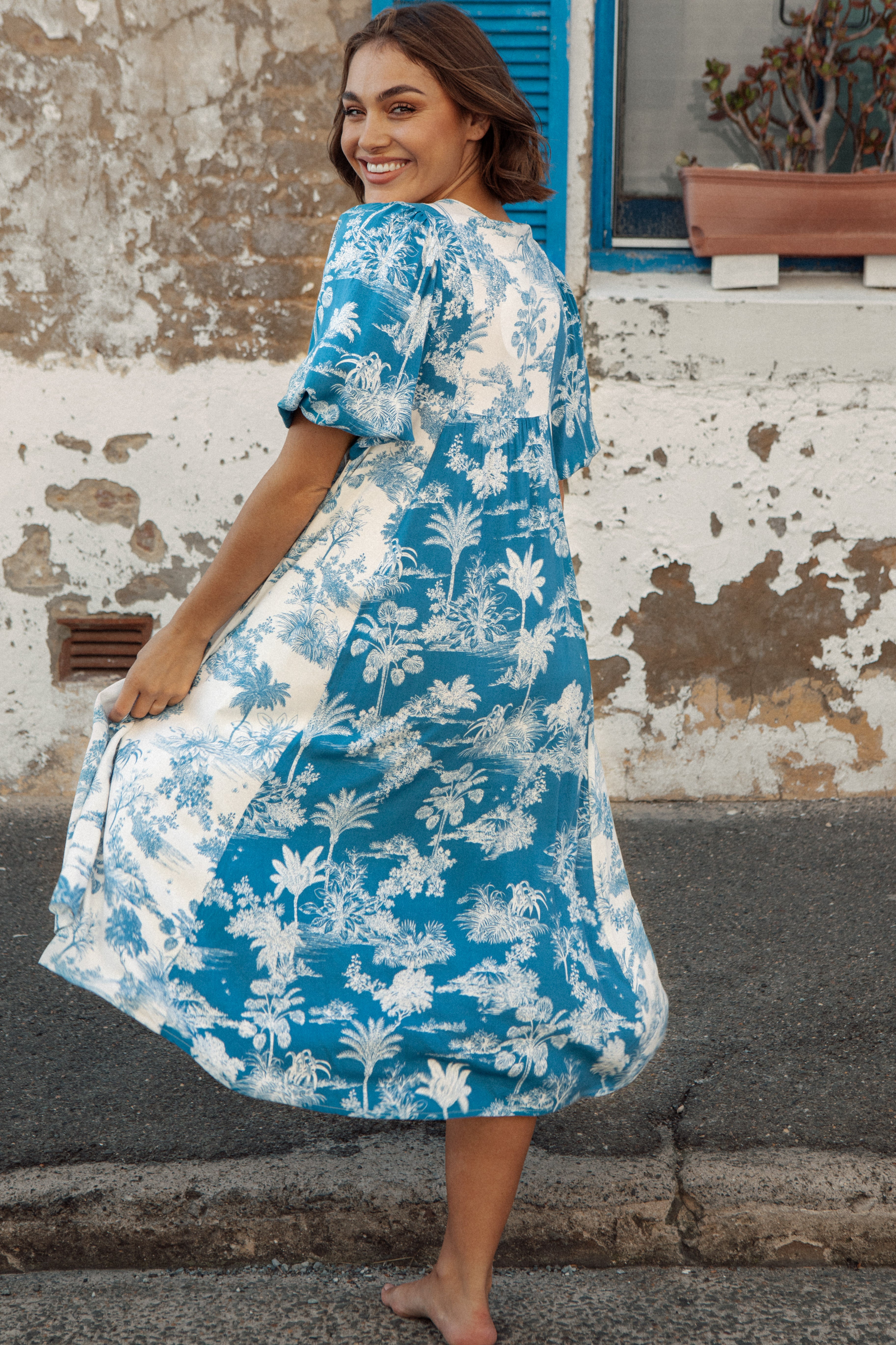 Santorini Dress Boho style midi dress featuring blue and white vintage inspired pattern