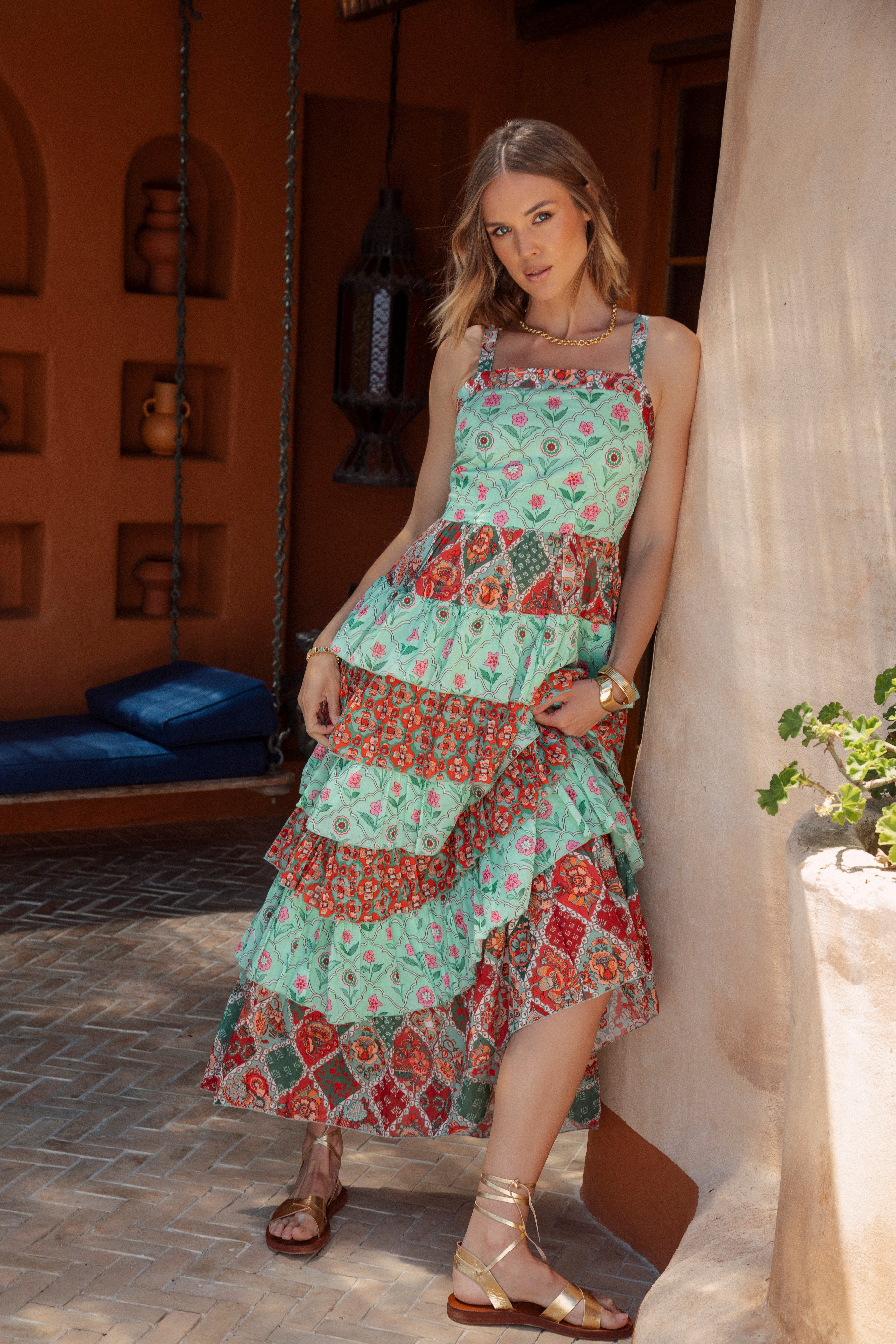 Secret Garden Gown Joy  featuring floral inspired Boho pattern in shades of aqua and rust