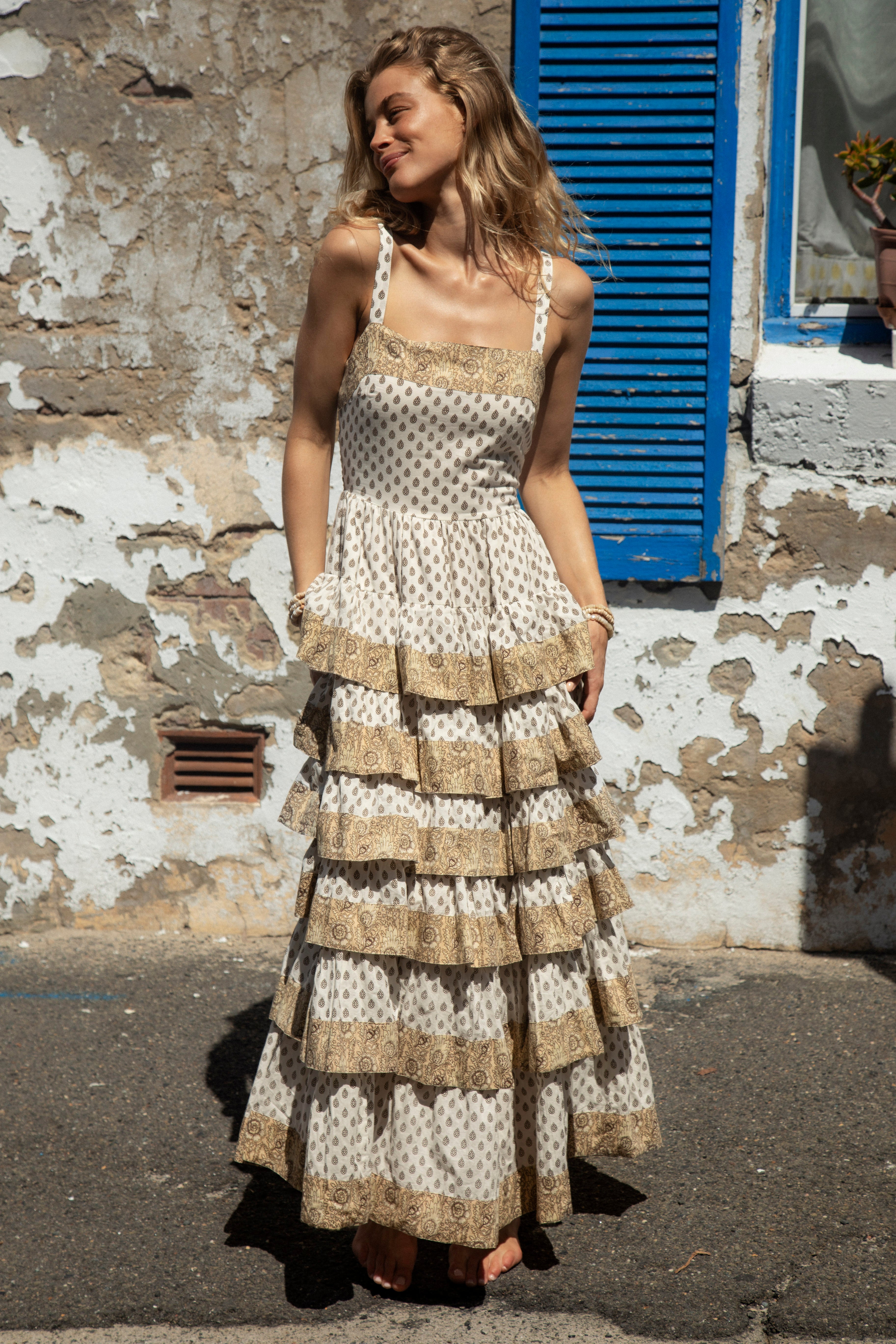 Secret Garden Gown Saffron features tiered ruffle skirt in natural shades