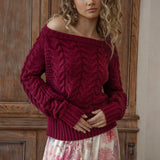 Seraphine Off Shoulder Knit Wine is a soft, cosy sweater featuring textured knit and off the shoulder style.