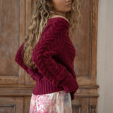 Seraphine Off Shoulder Knit Wine - side view showcasing textured cable knit on sleeve