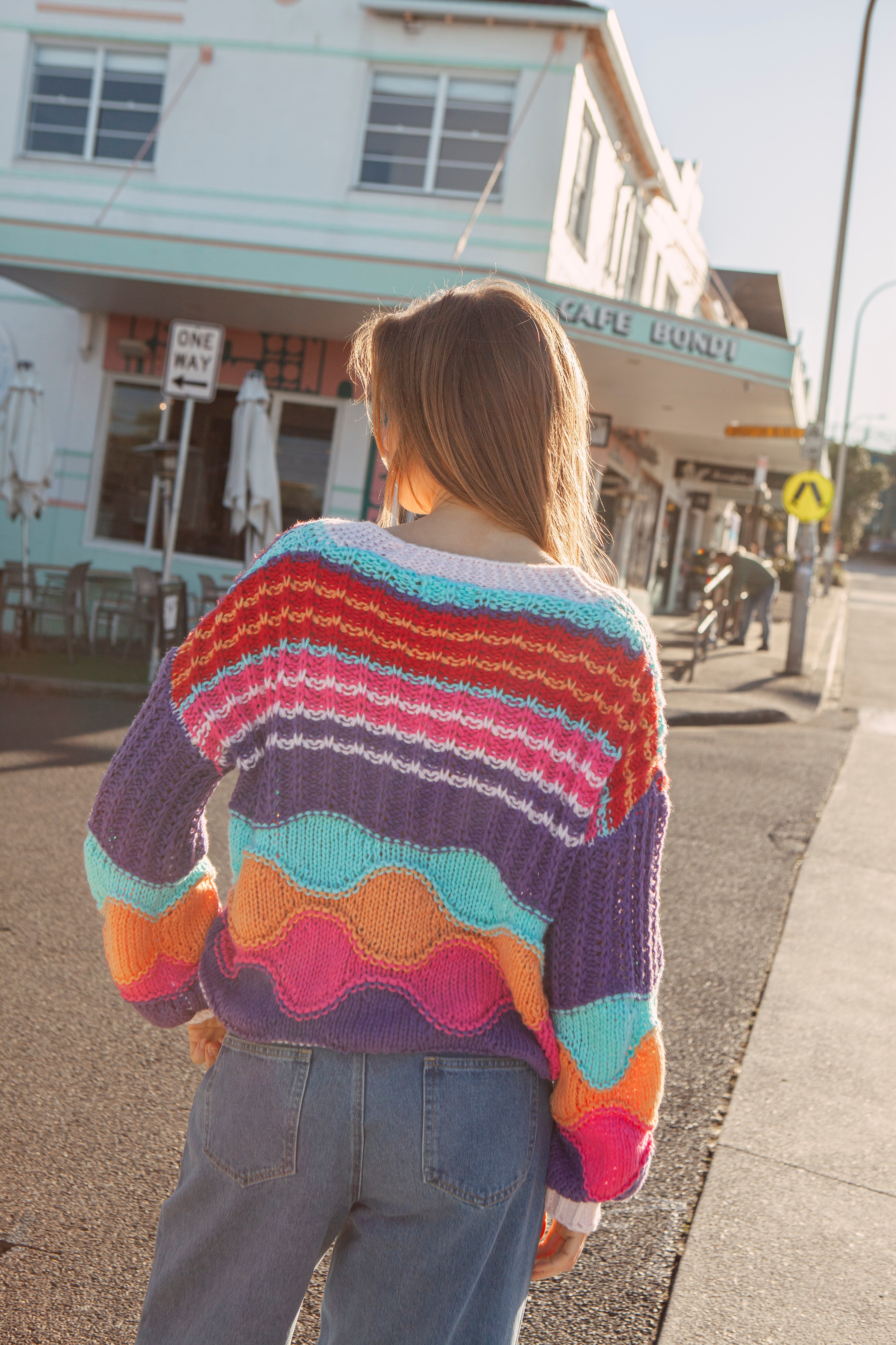 Sherbet Skies Cardigan - rear view showcasing multi-coloured geometric pattern