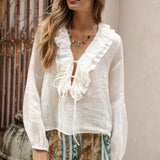 Sicilia Blouse- long sleeve white blouse with tie closure and ruffled bodice