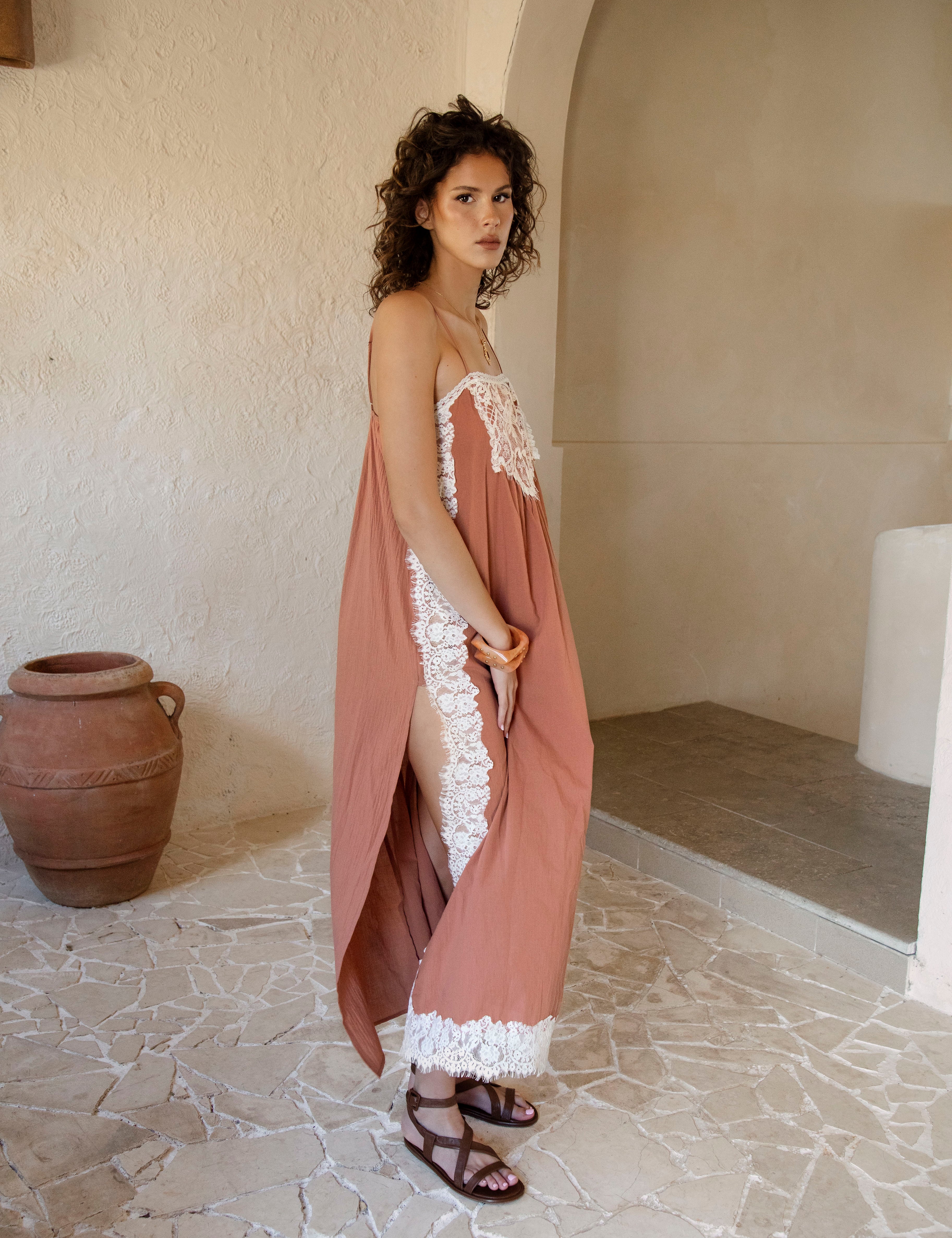 Sienna Lace Slip Dress - side view showcasing split detail
