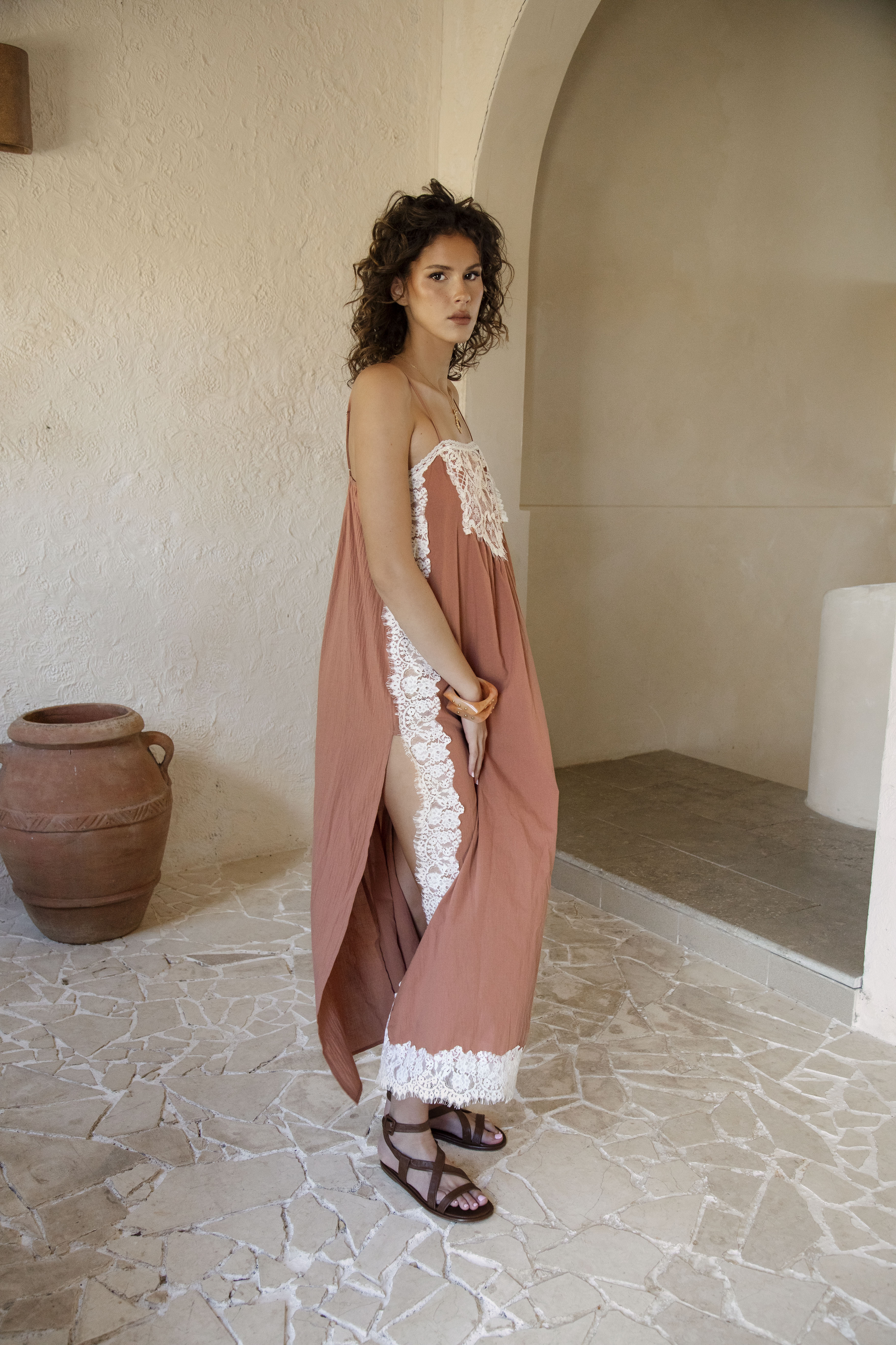 Sienna Lace Slip Dress - side view showcasing split detail