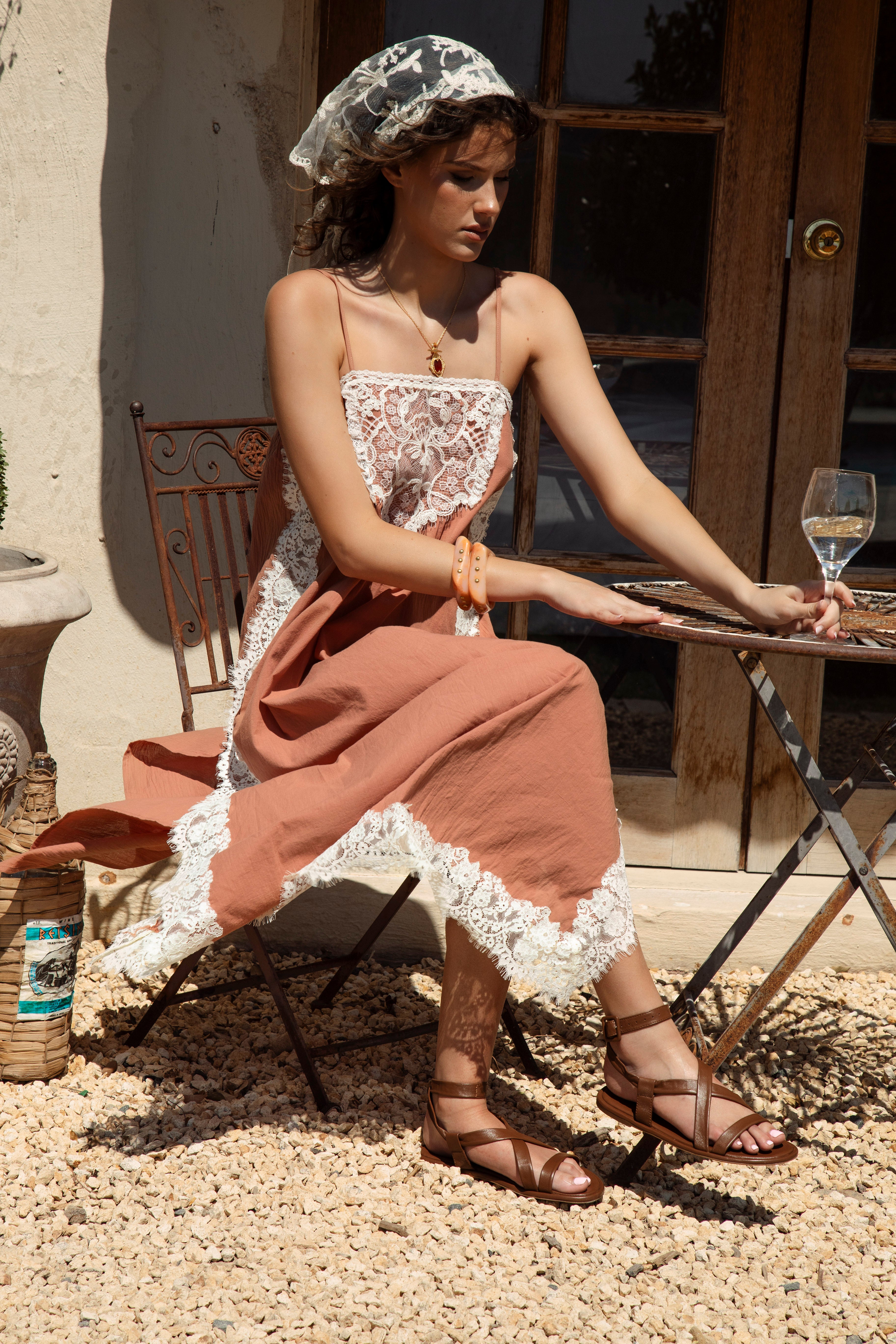 Sienna Lace Slip Dress - showcasing spaghetti straps, lace detail on bodice and maxi style