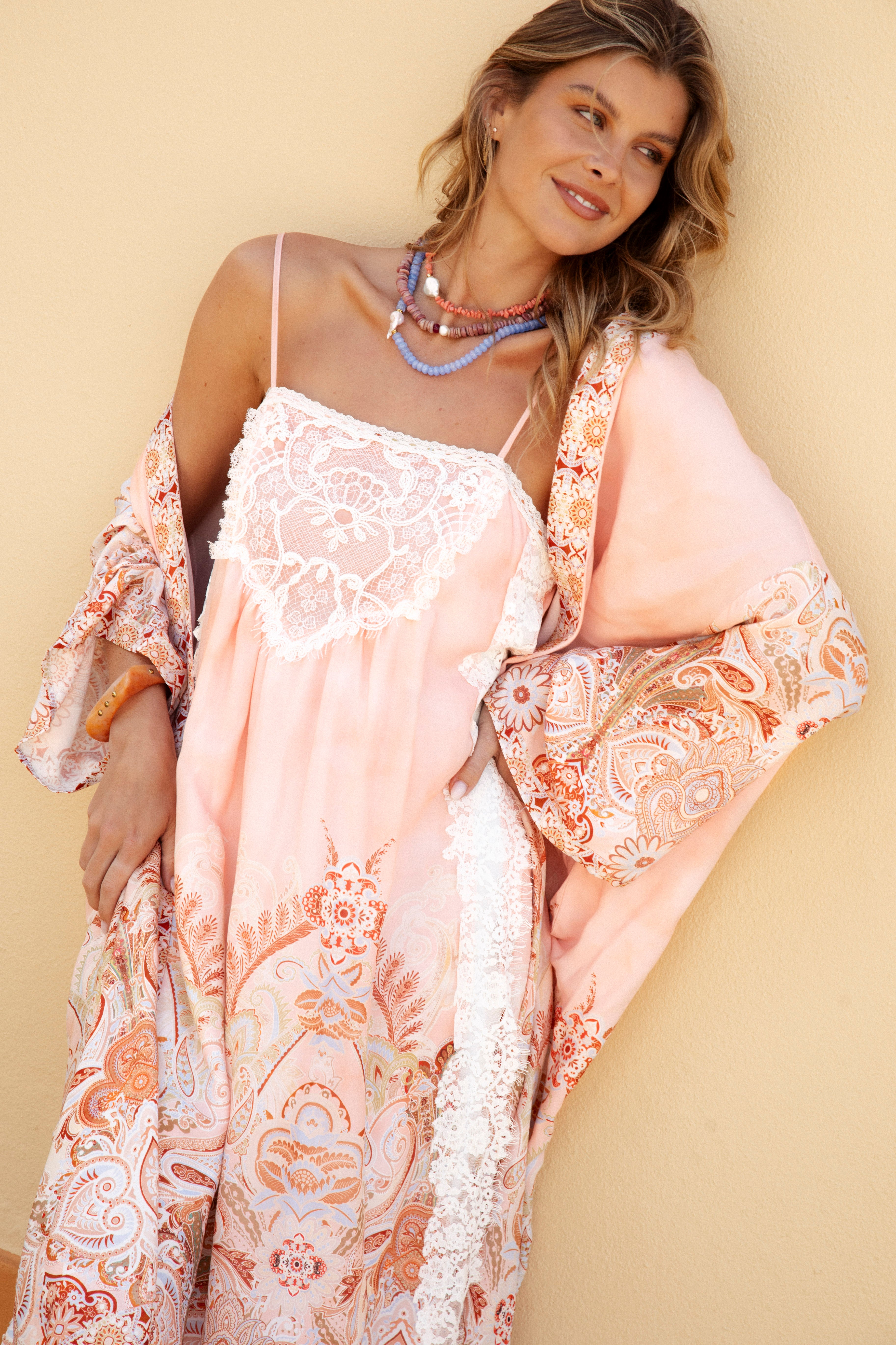 Sienna Lace Slip Dress Sorbet - showcasing lace detail on bodice and Bohemian paisley pattern.