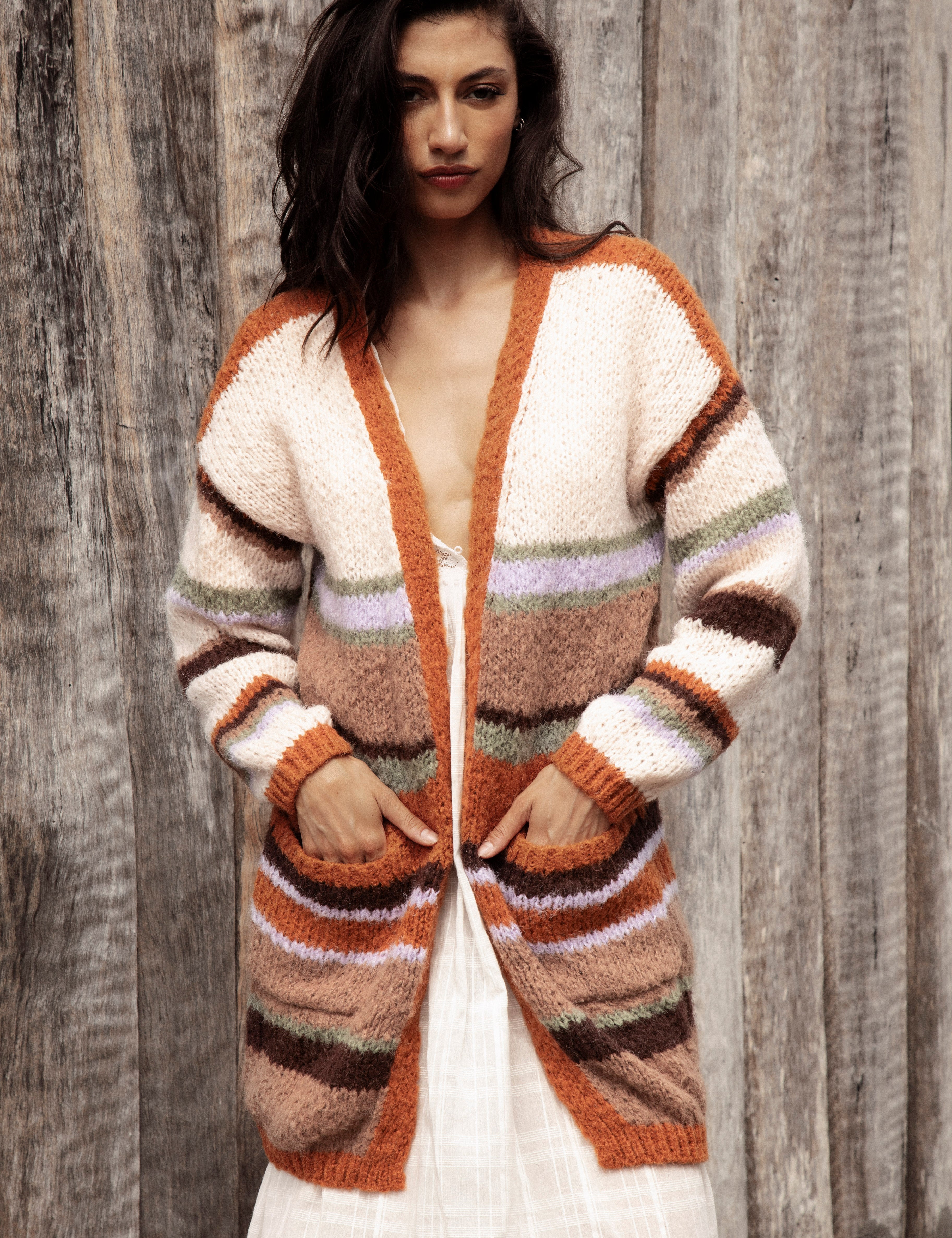 Sierra Stripe Cardigan. Cosy open style longline cardigan featuring oversized pockets.